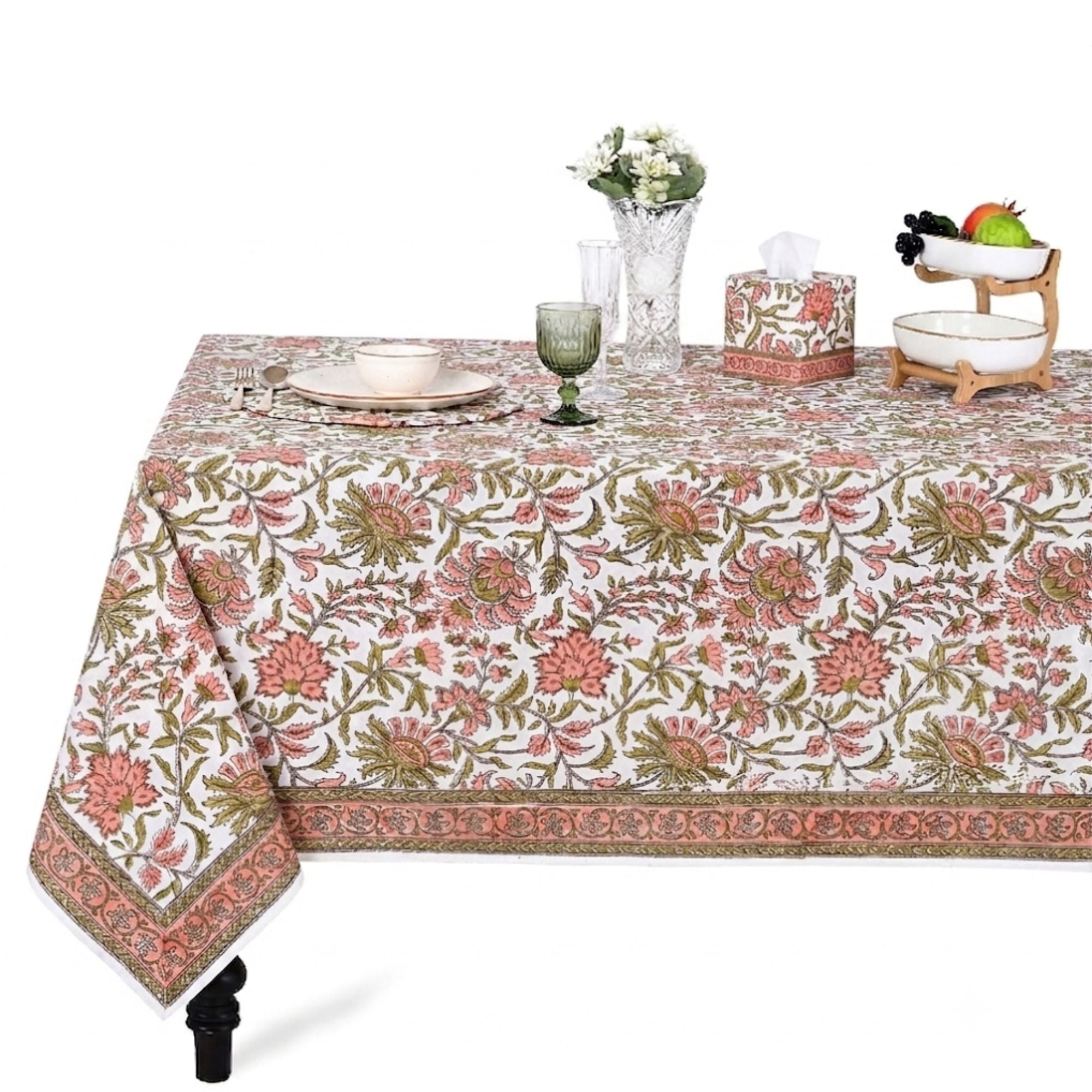 New York Pink and Olive Green Square & Rectangle Tablecloth Ridhi Block Print