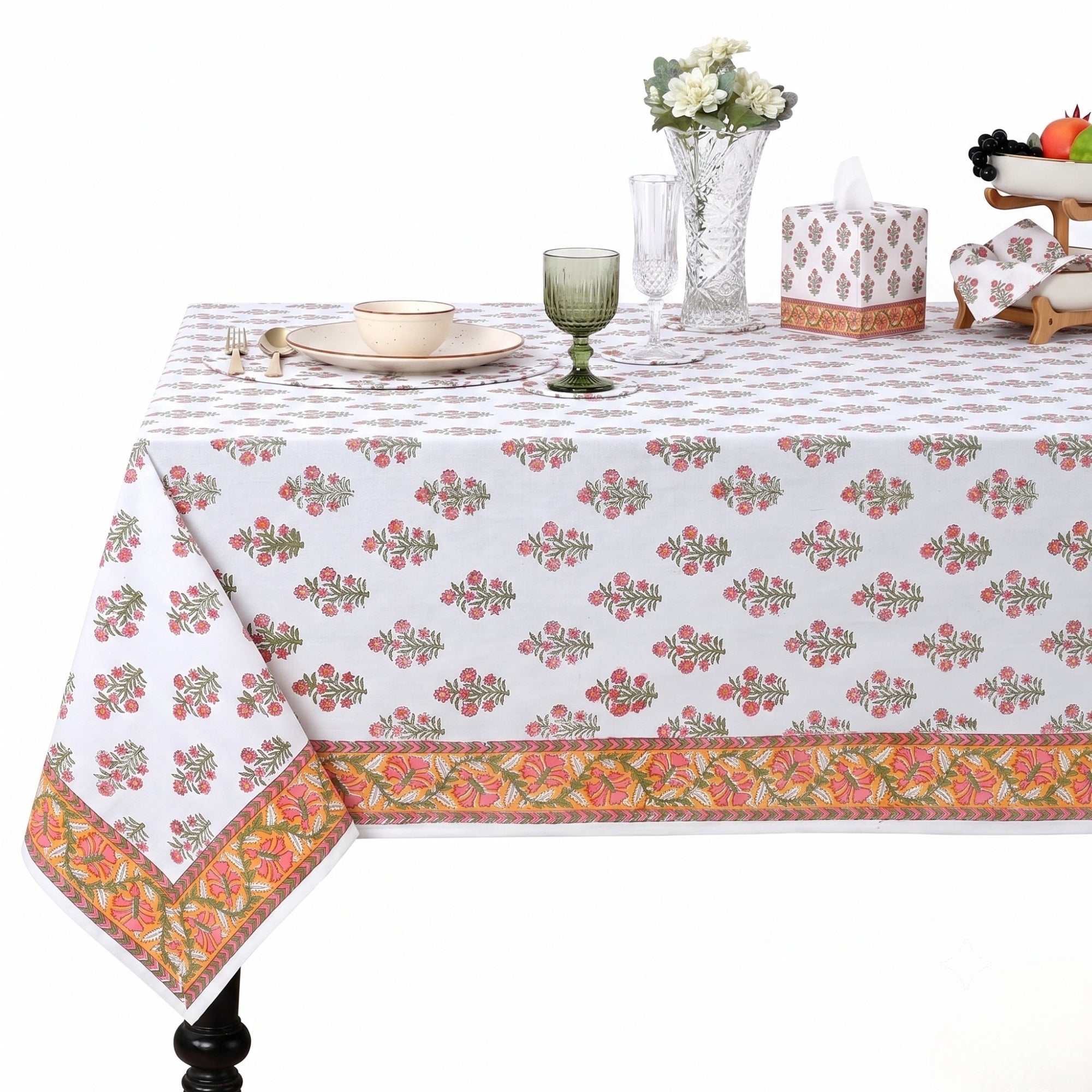 Sunkissed Petals Square &  Rectangle Tablecloth Ridhi Block Print