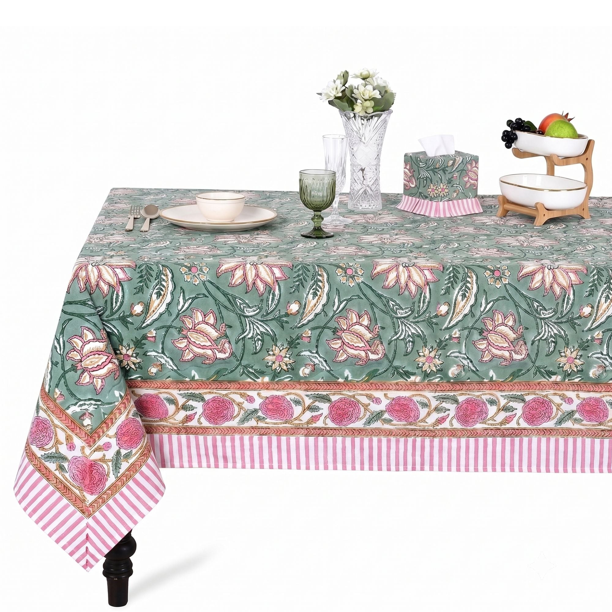 Viridian Green Square & Rectangle Tablecloth Ridhi Block Print