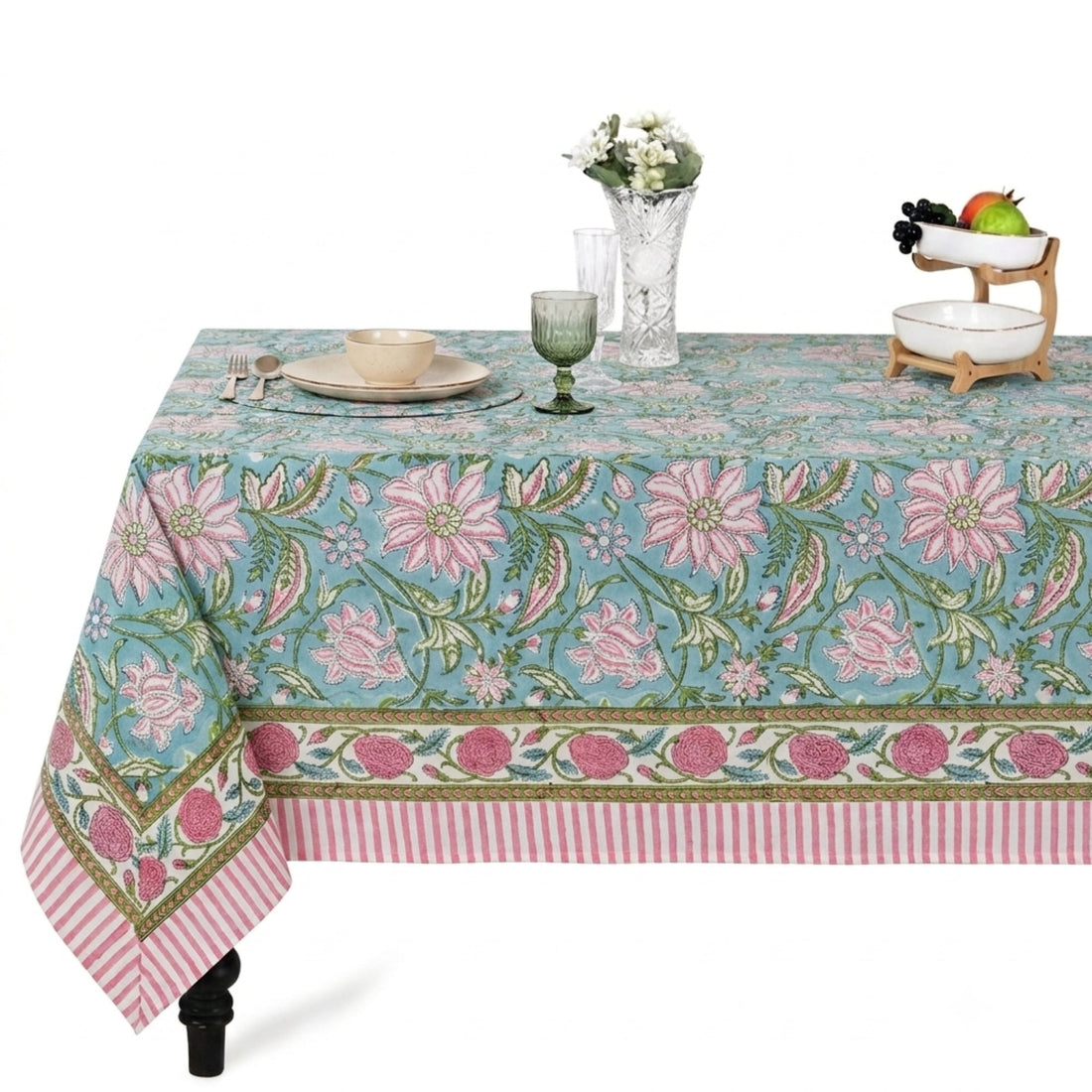 Turquoise Blue Square & Rectangle Tablecloth Ridhi Block Print
