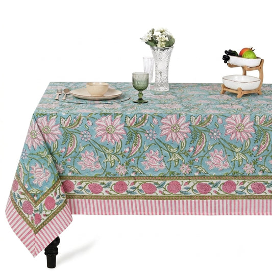 Turquoise Blue Square & Rectangle Tablecloth Ridhi Block Print
