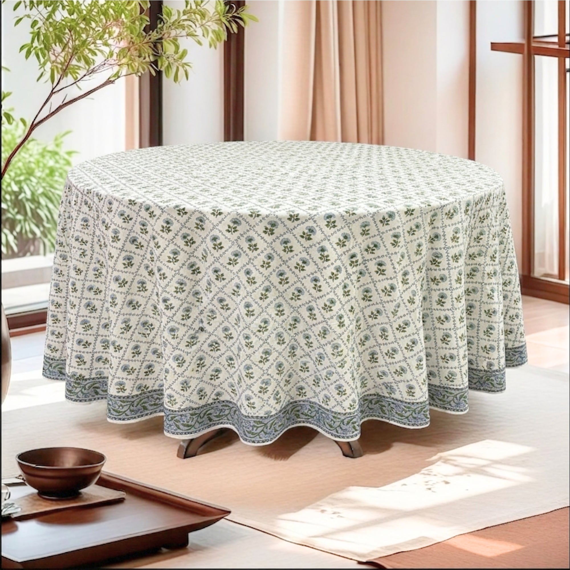Indian Light Blue Round Tablecloth Ridhi Block Print