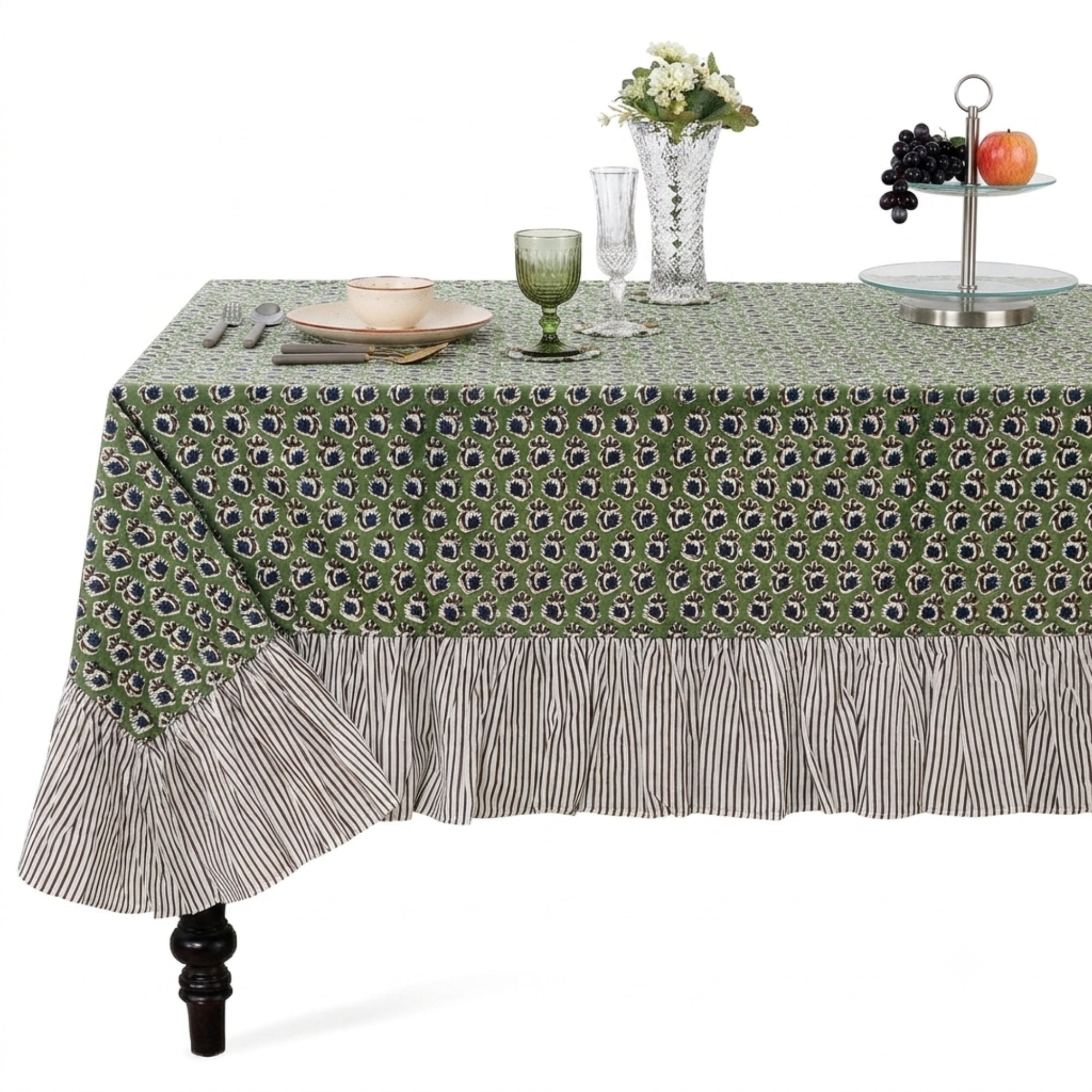 Ruffle Rectangle & Square Tablecloth - Basil Green Ridhi Block Print