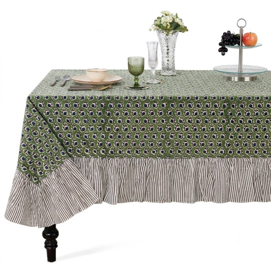 Ruffle Rectangle & Square Tablecloth - Basil Green Ridhi Block Print