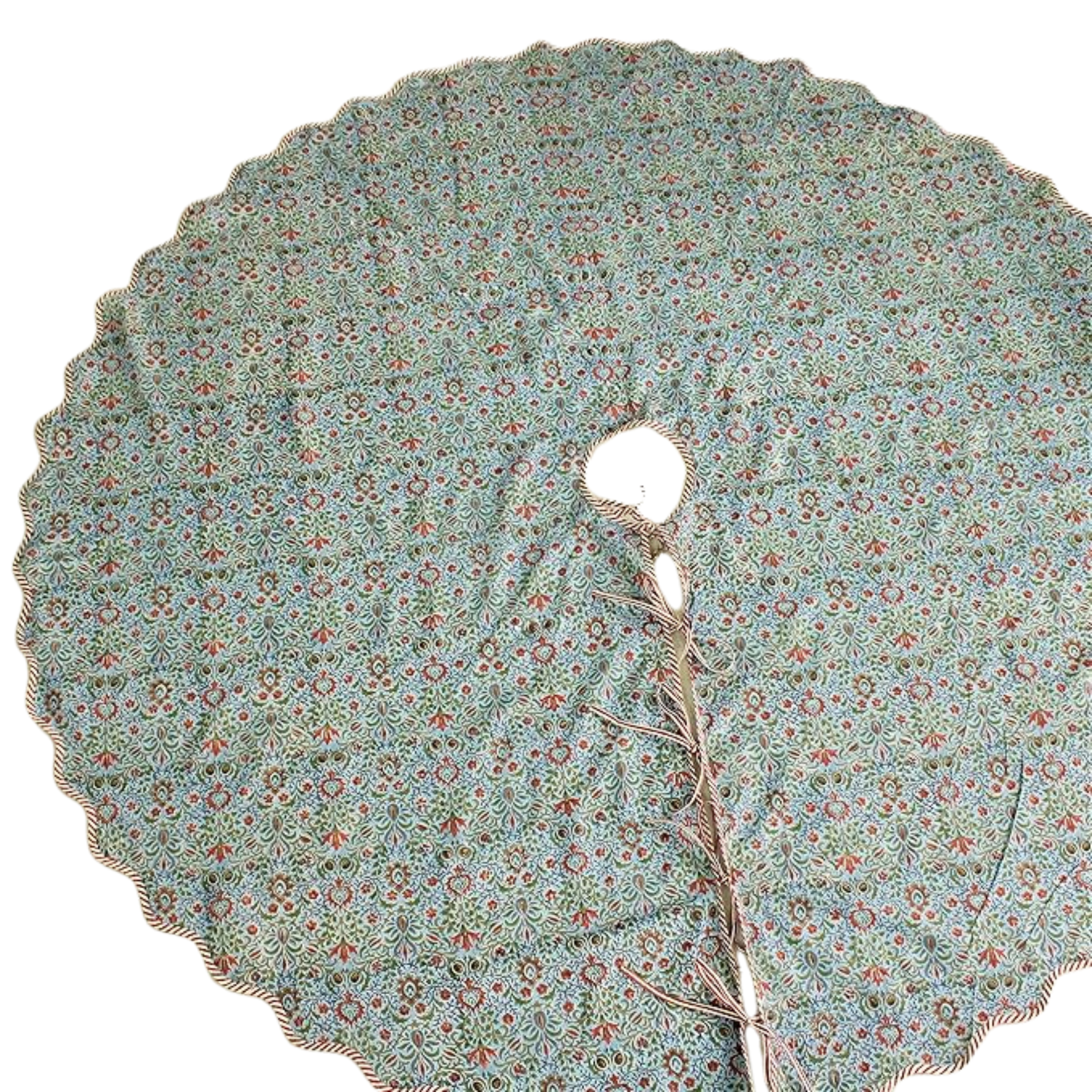 Floral patterned tree skirt on a white background