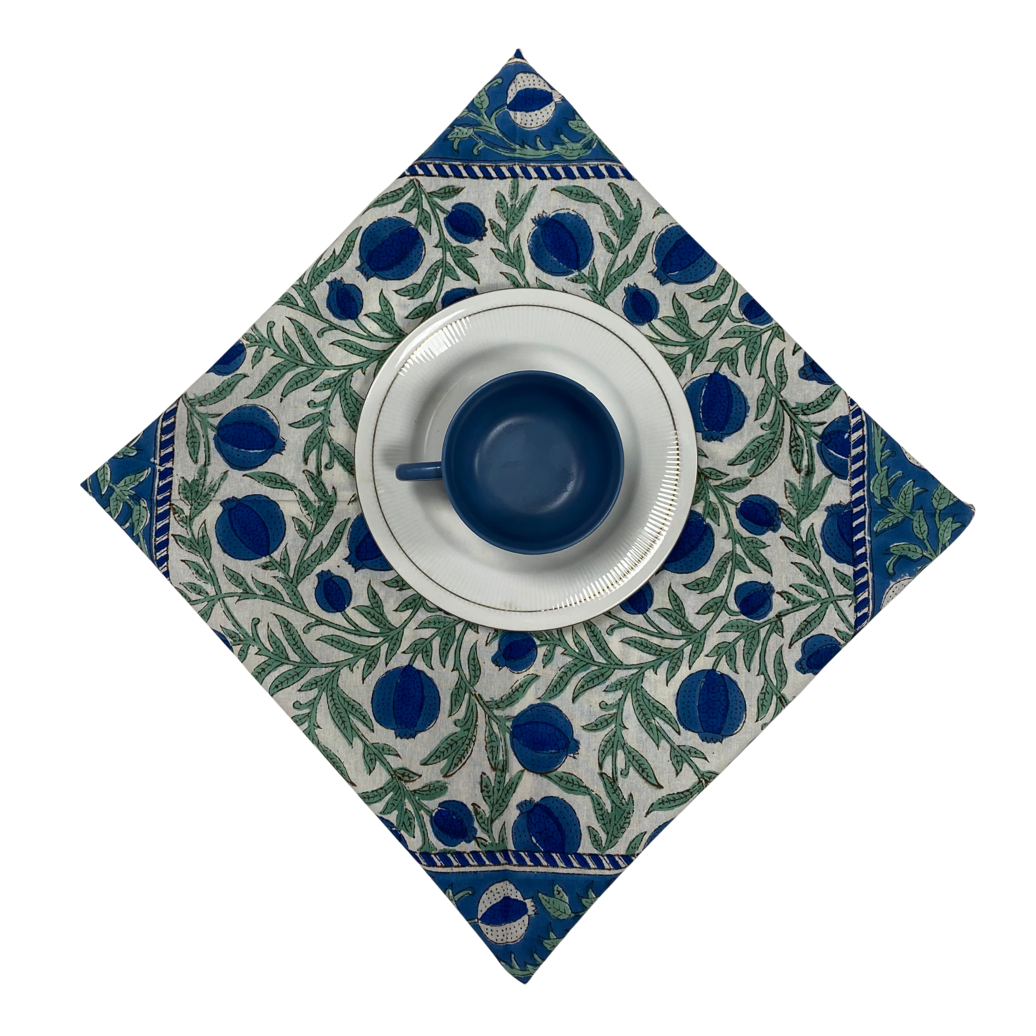 Decorative placemat with blue and green pattern on a white background