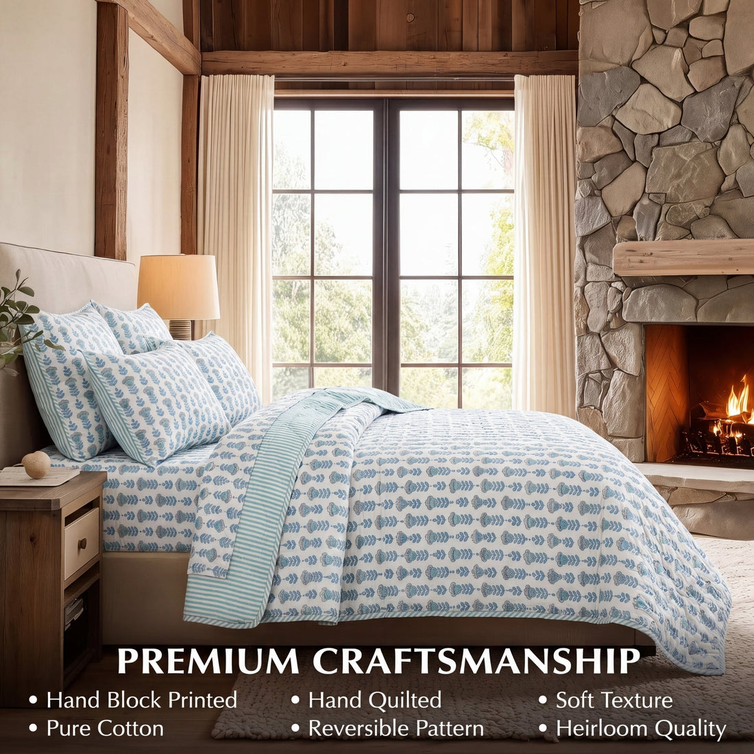 Aquamarine Blue Quilt Ridhi Block Print