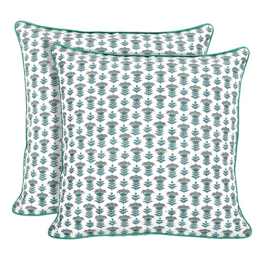 Two floral-patterned pillows on a white background