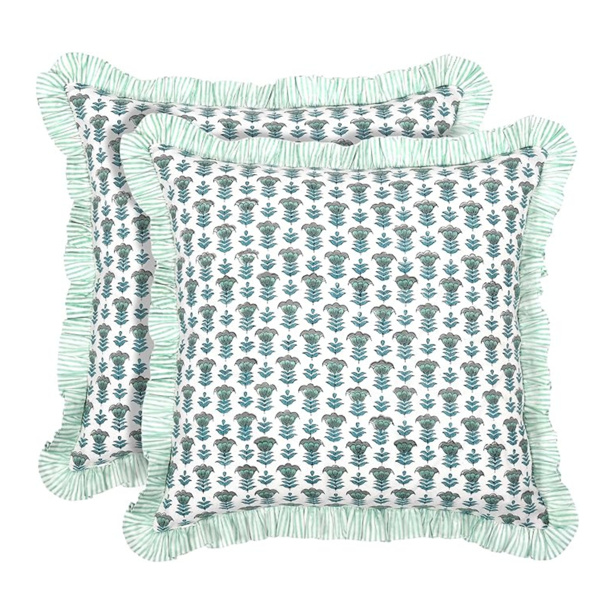 Two decorative pillows with floral patterns and fringes on a white background