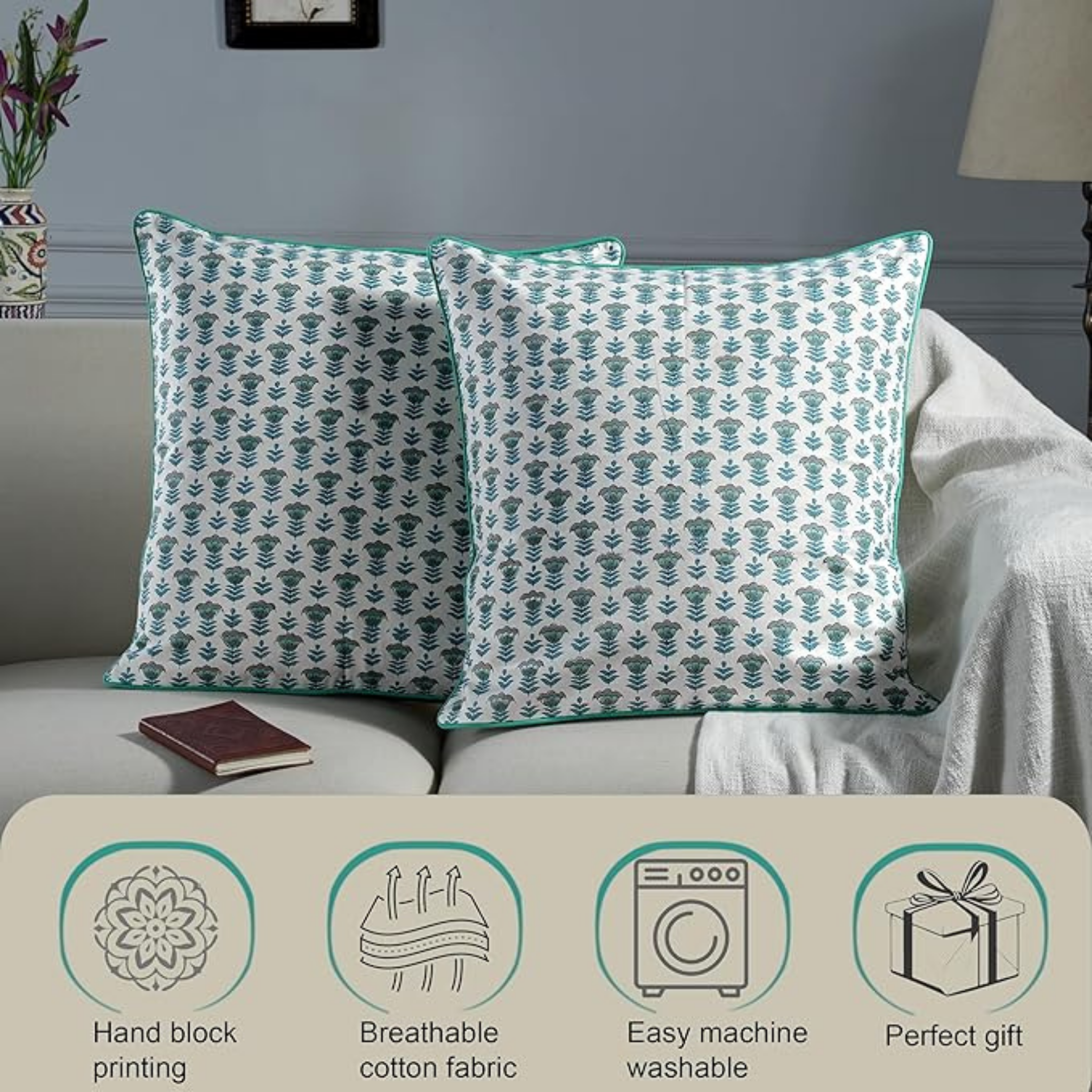 Two patterned pillows on a sofa with product features displayed below.