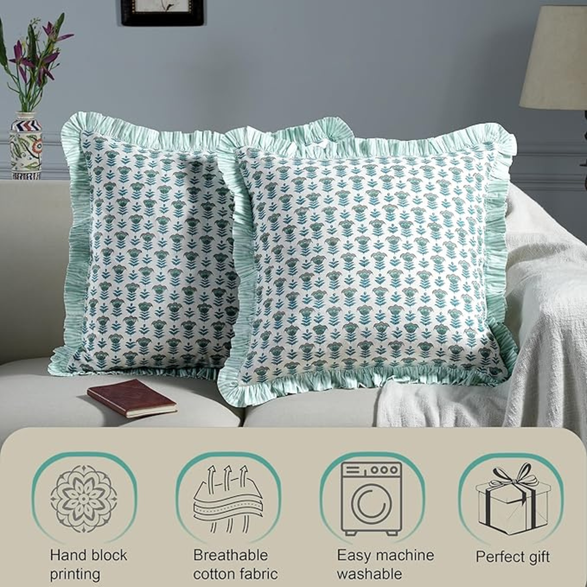Patterned pillows on a sofa with product features listed below.