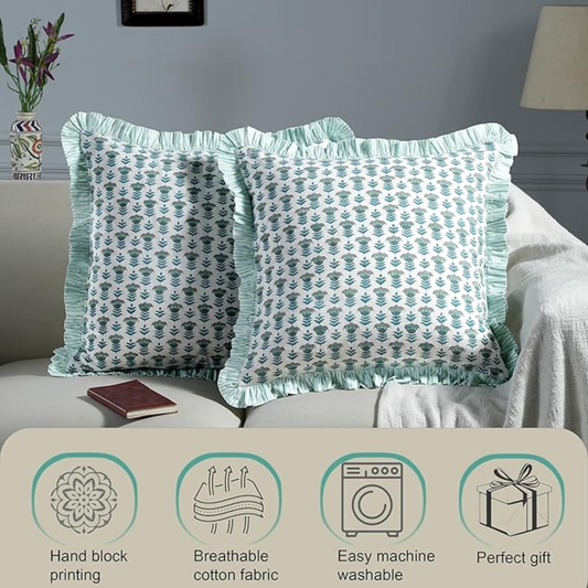 Patterned pillows on a sofa with product features listed below.
