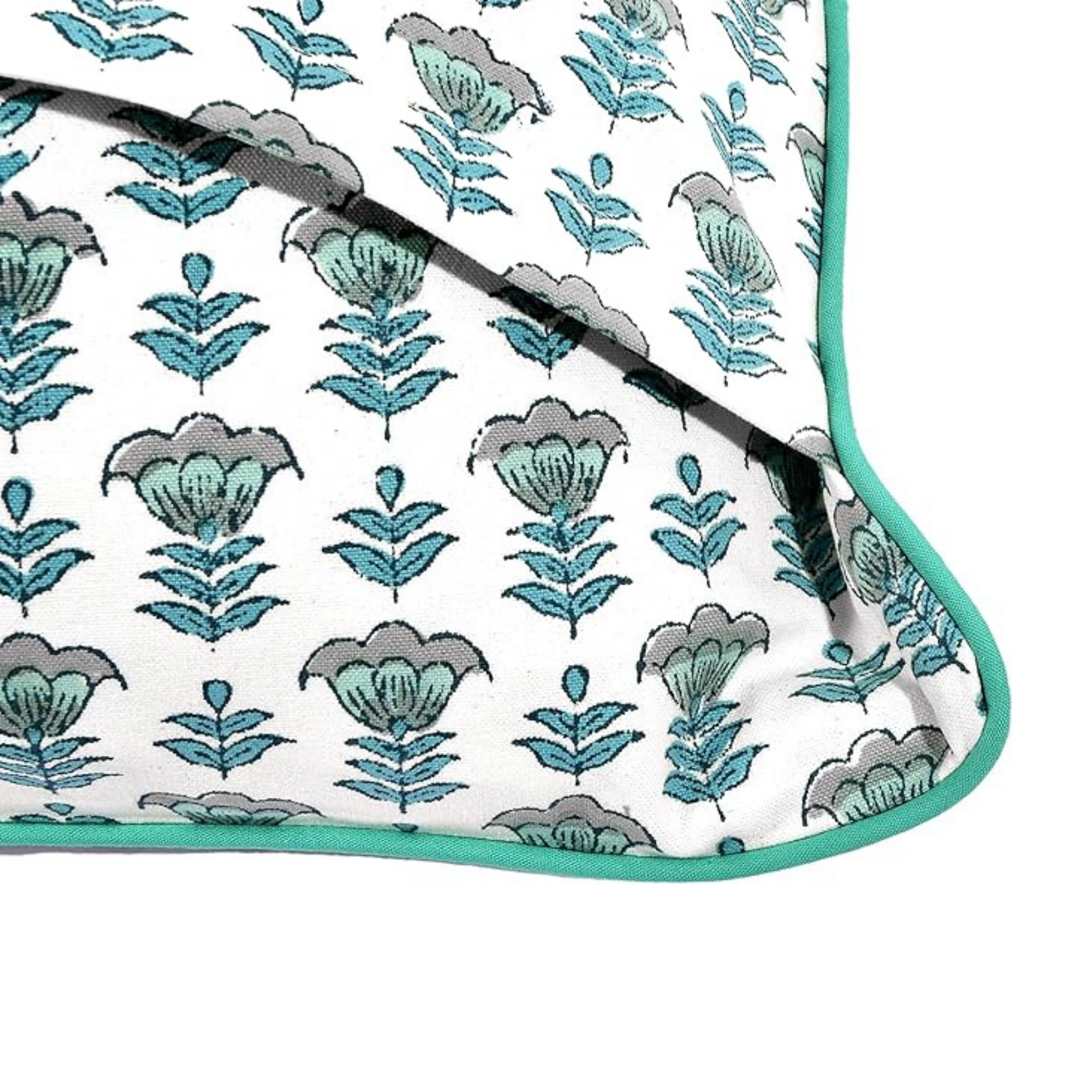 Floral patterned fabric with turquoise border on a white background