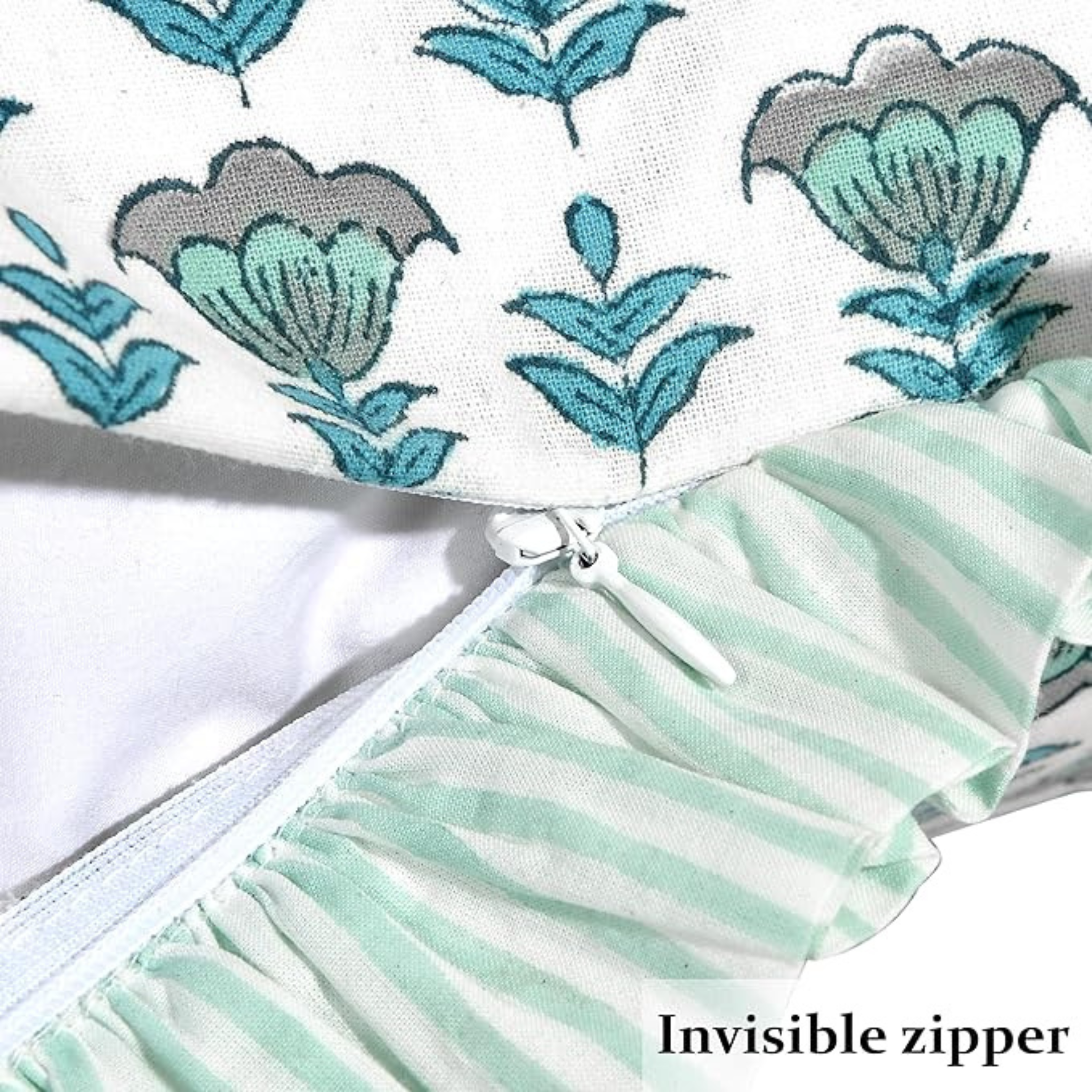Close-up of  a pillow with floral patterns and an invisible zipper, on a white background.