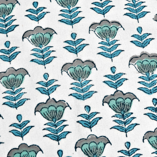 Pattern of blue and gray floral designs on a white background