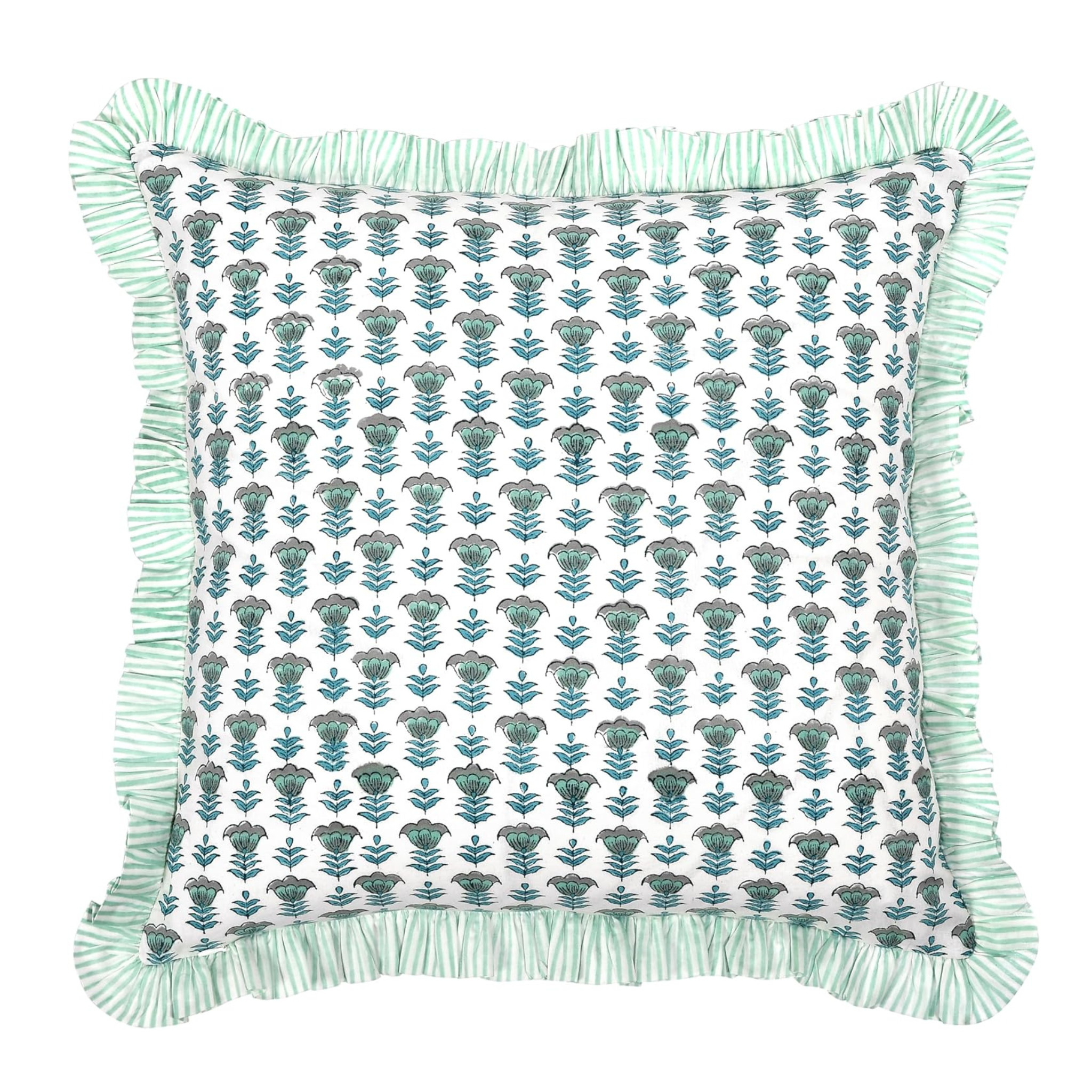 Decorative pillow with floral pattern and green trim on a white background