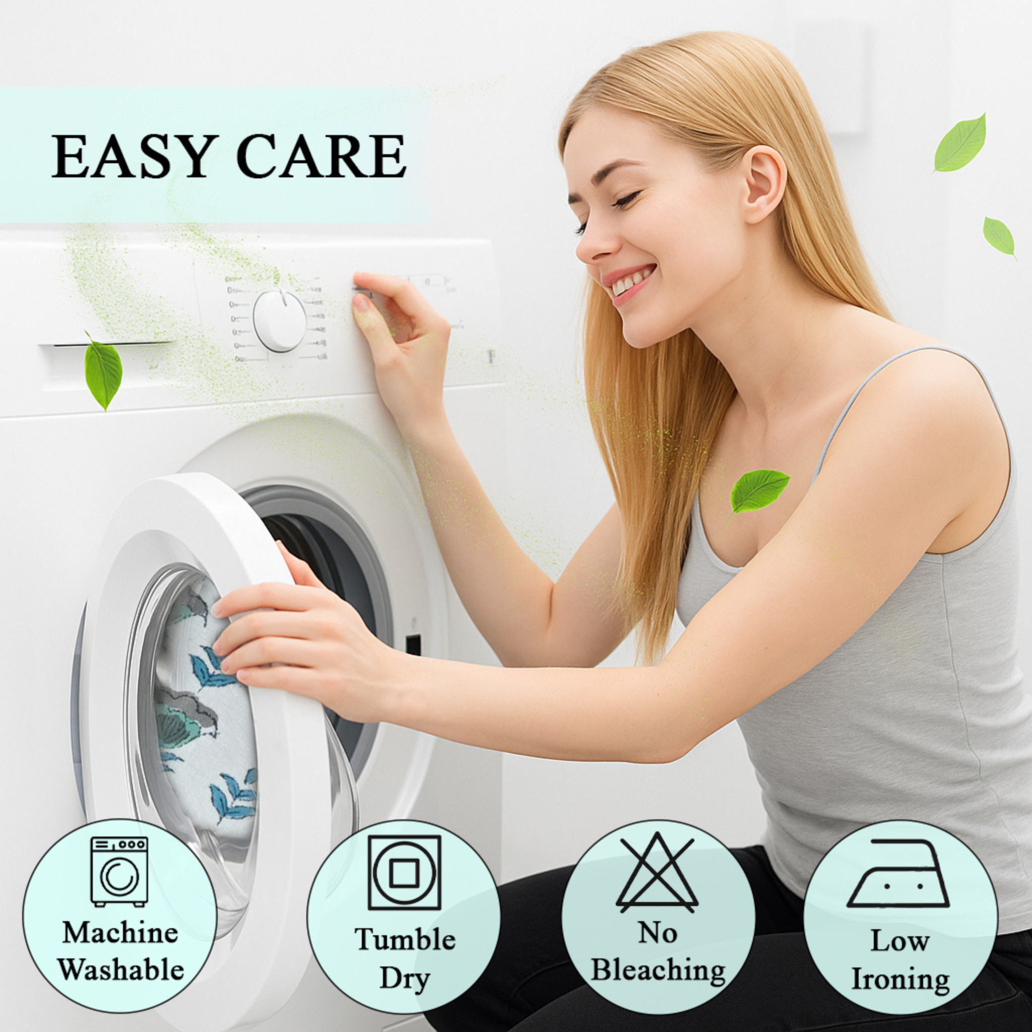 Woman interacting with a washing machine with icons and text about care instructions.