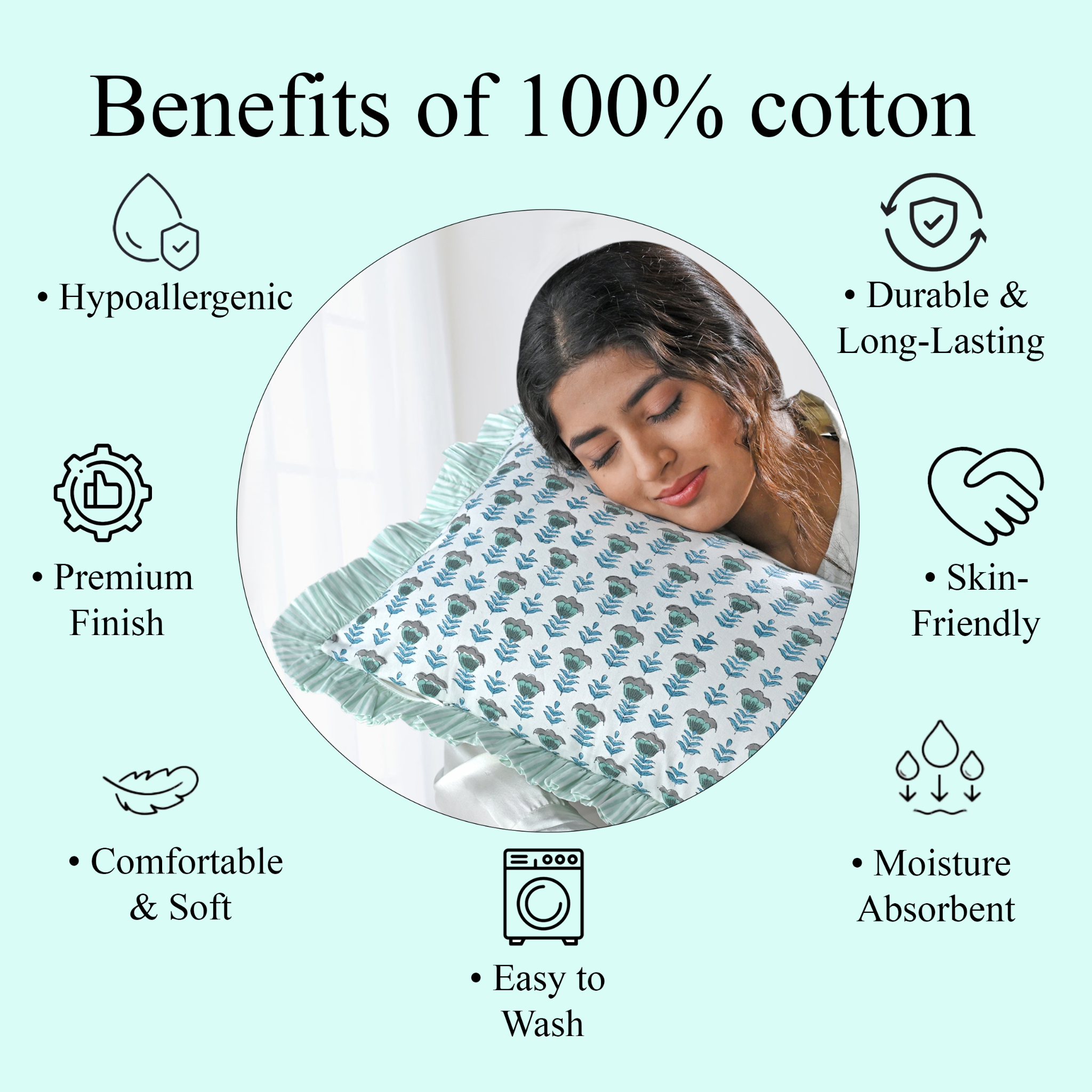 Woman sleeping under a 100% cotton blanket with listed benefits on a light green background