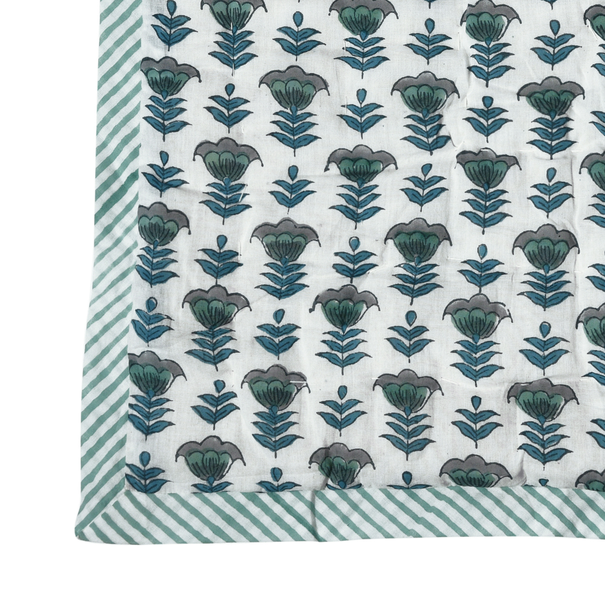 Floral patterned fabric with green and gray flowers on a white background