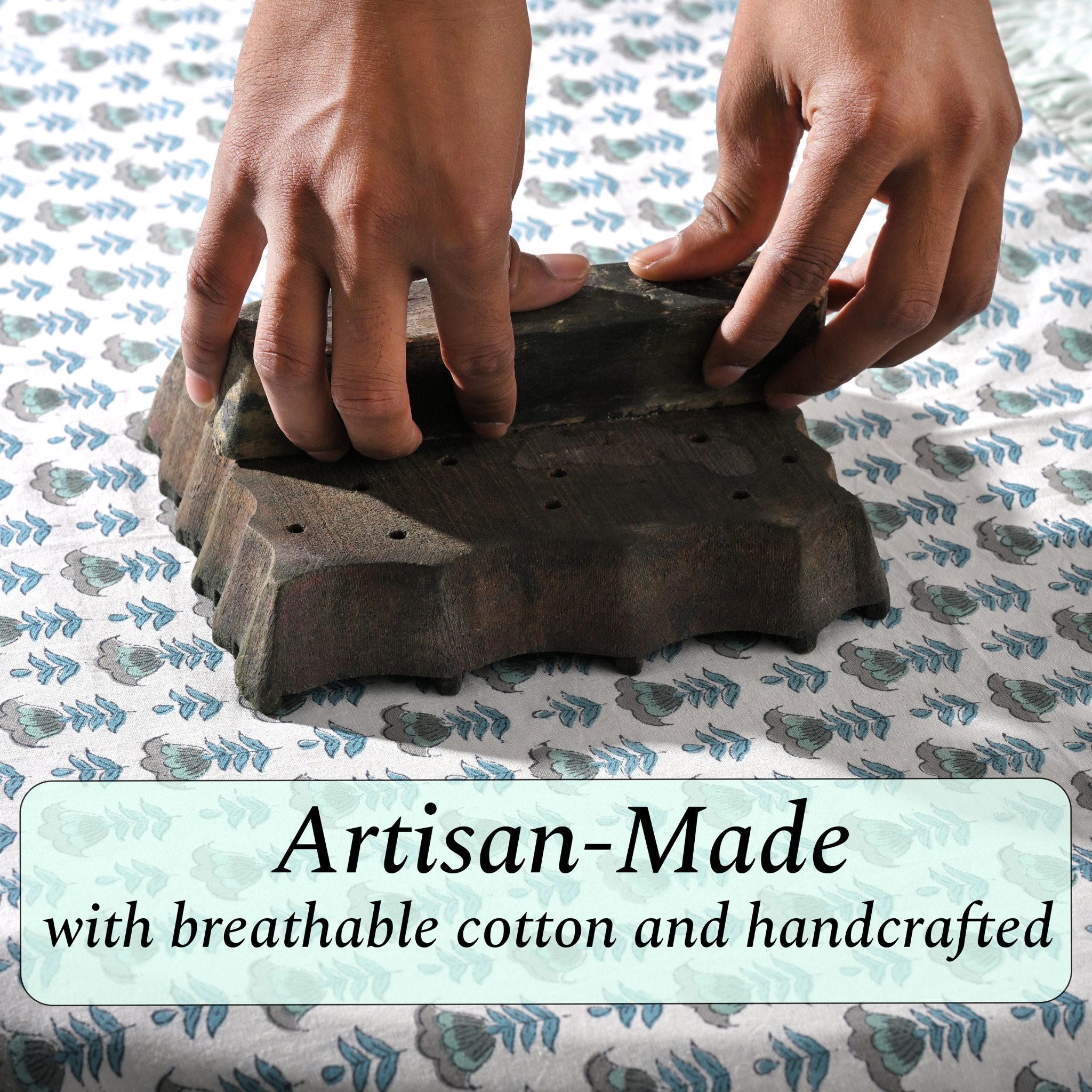 Hands holding a handmade stone product with text 'Artisan-Made with breathable cotton and handcrafted' on a patterned background.