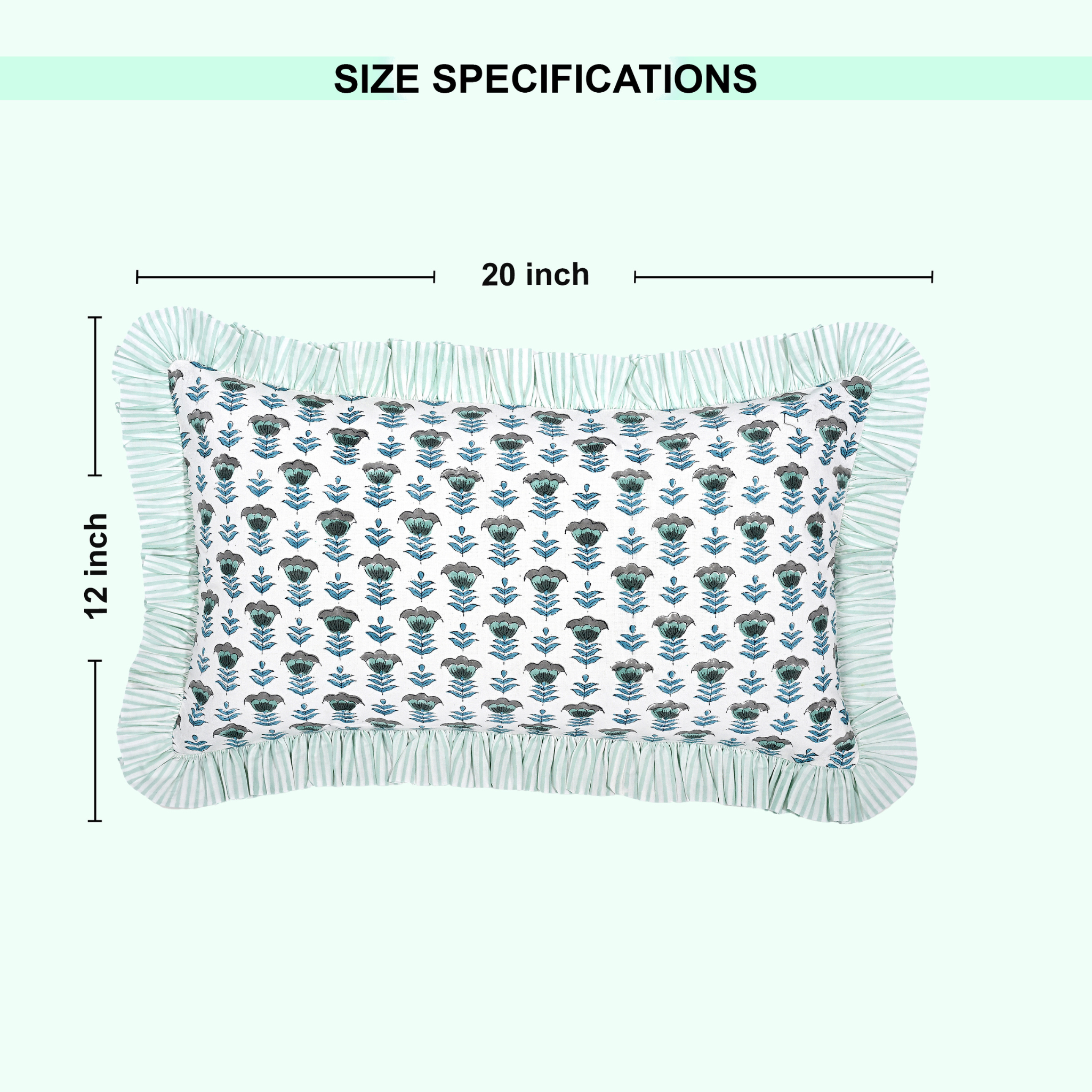 Rectangular pillow with floral pattern and fringe on a white background, showing size specifications.