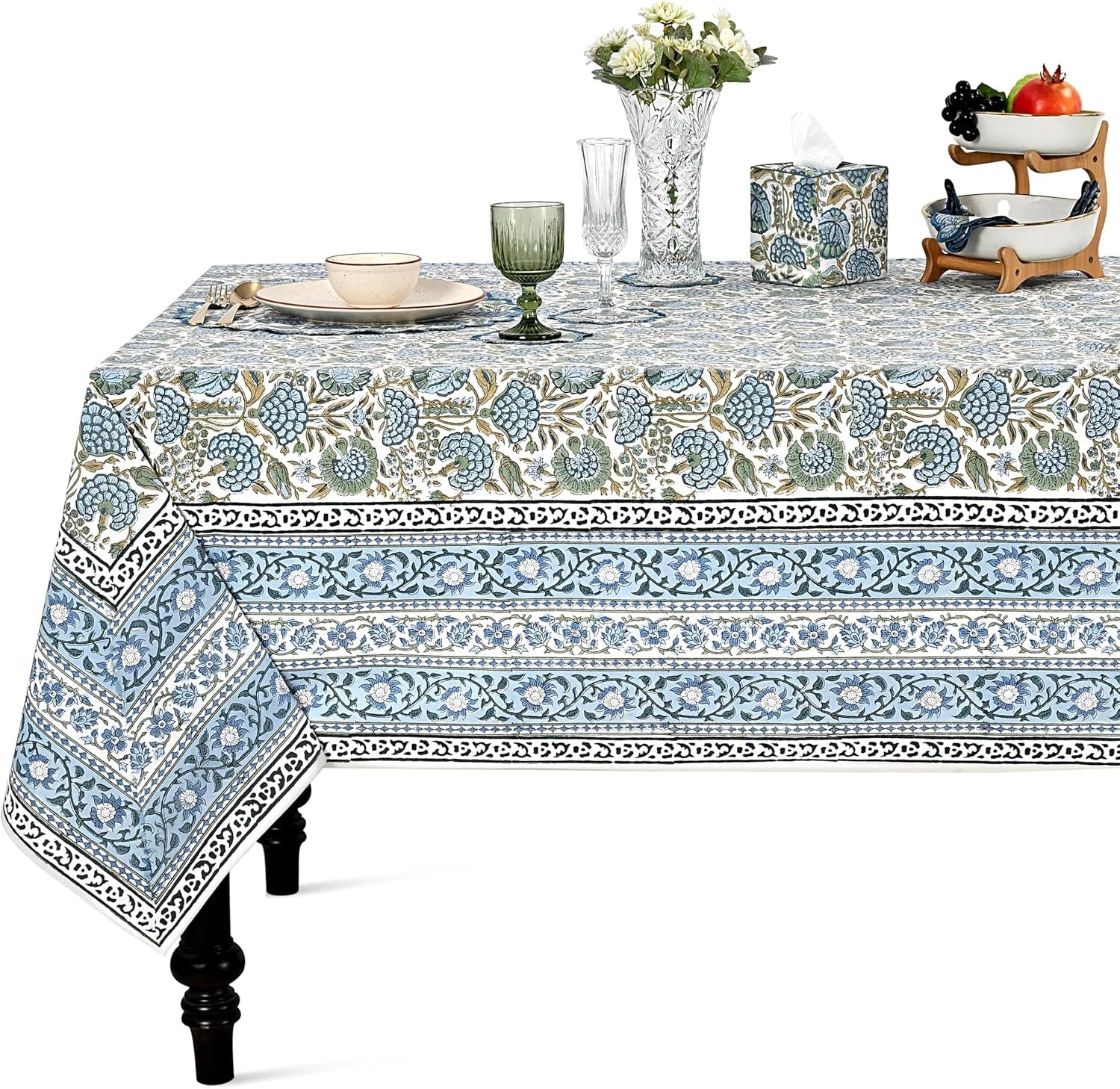 Asparagus Green Square & Rectangle Tablecloth Ridhi Block Print