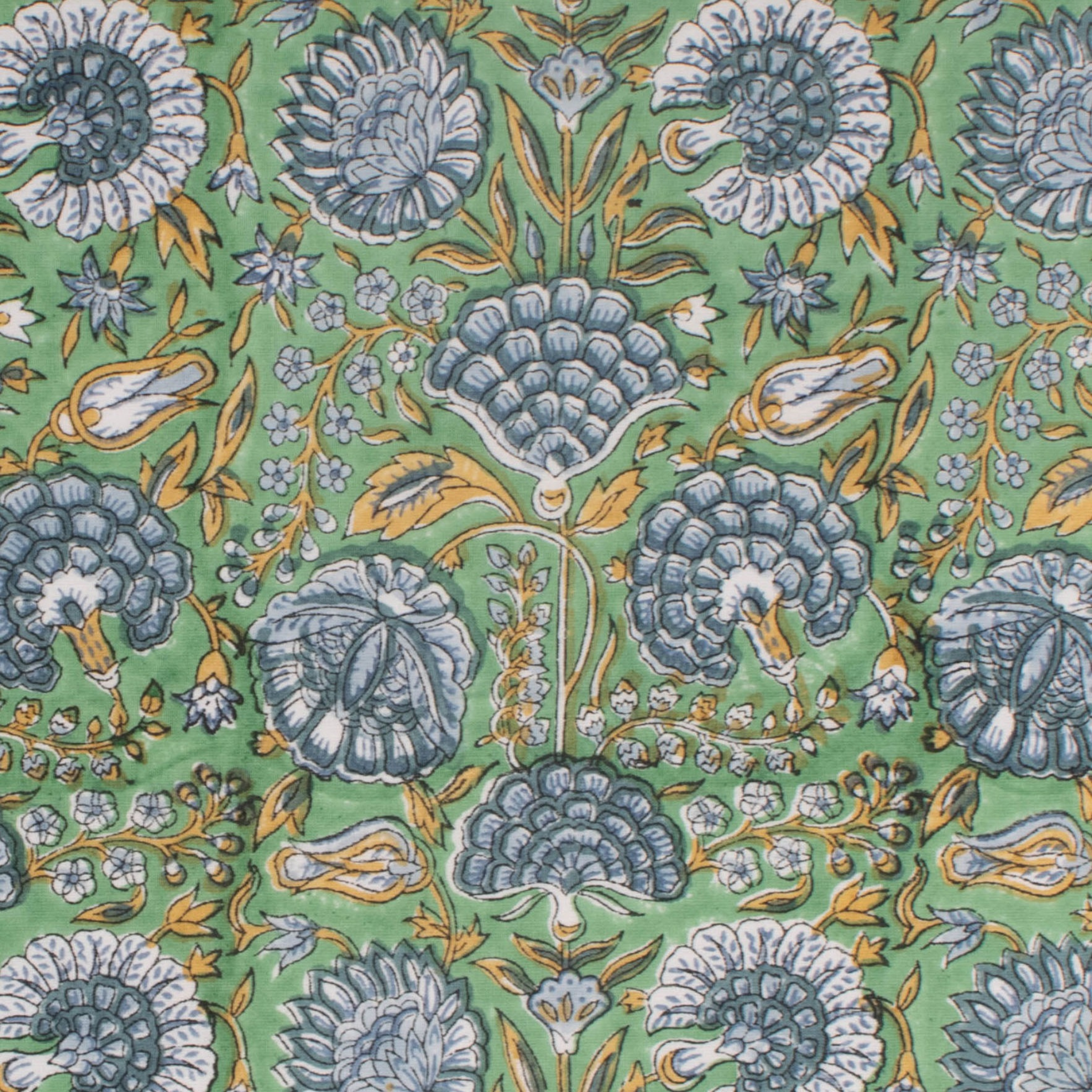 Decorative fabric pattern with blue and white floral design on a green background