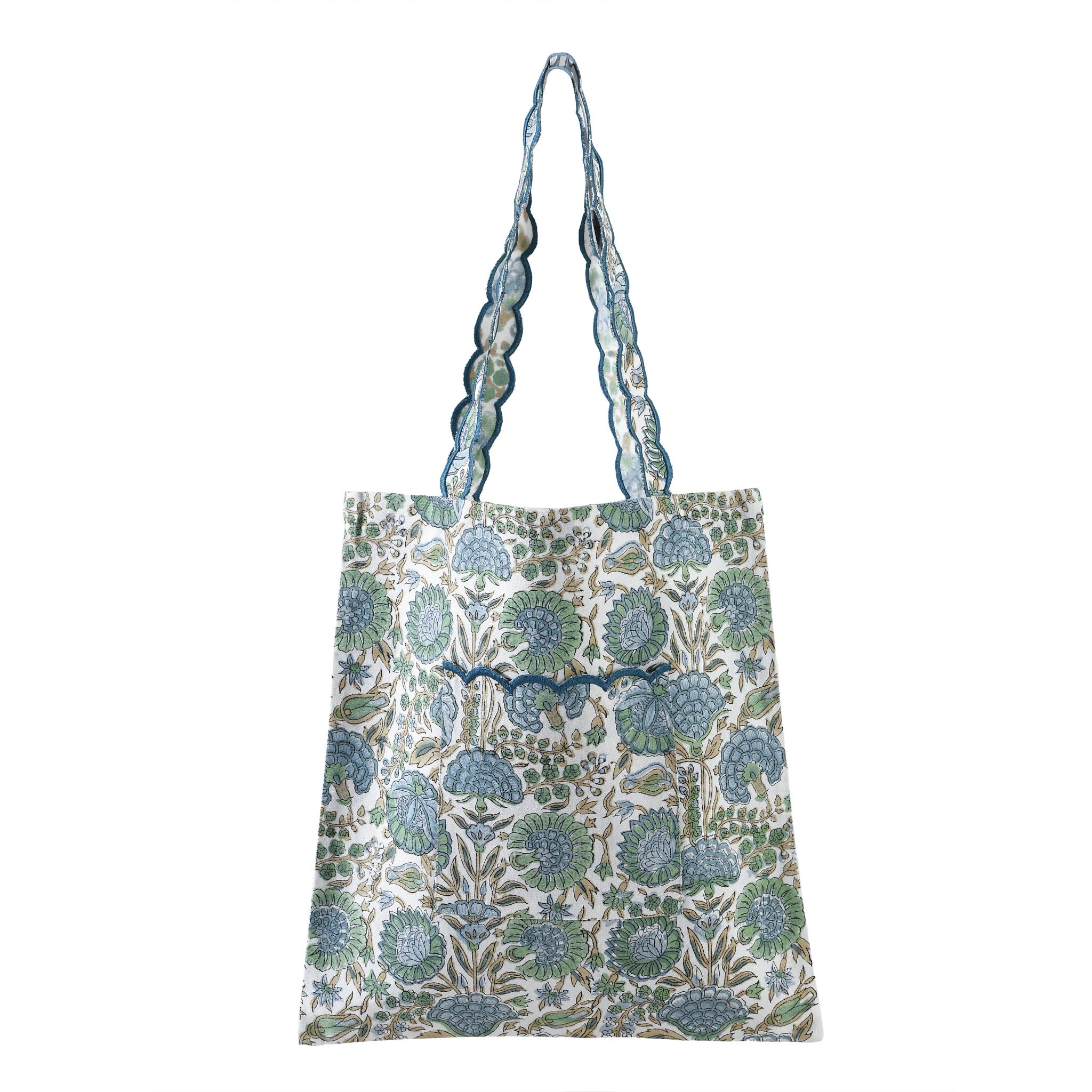 Floral patterned tote bag with a decorative strap on a white background
