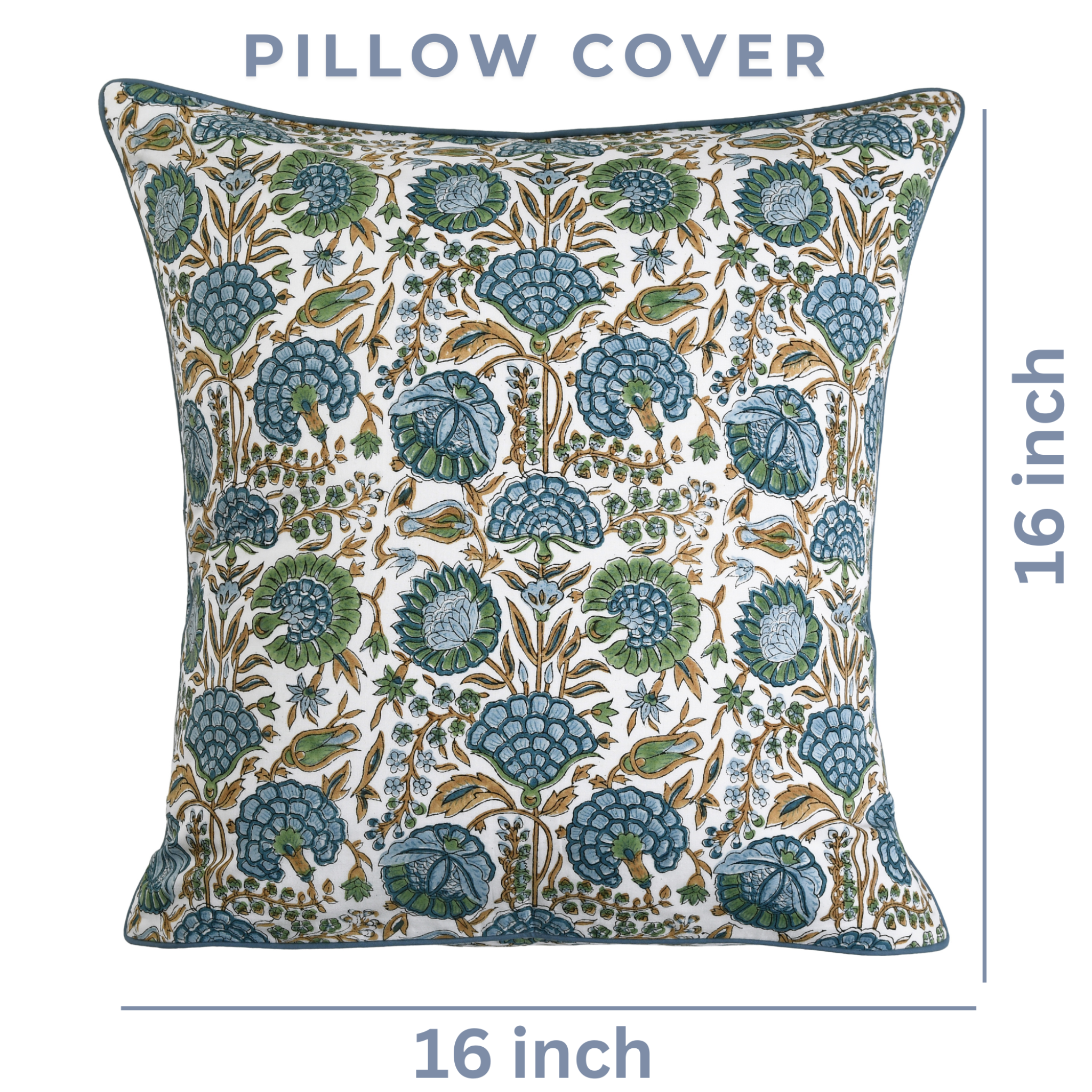 Decorative pillow cover with floral pattern and dimensions on a white background