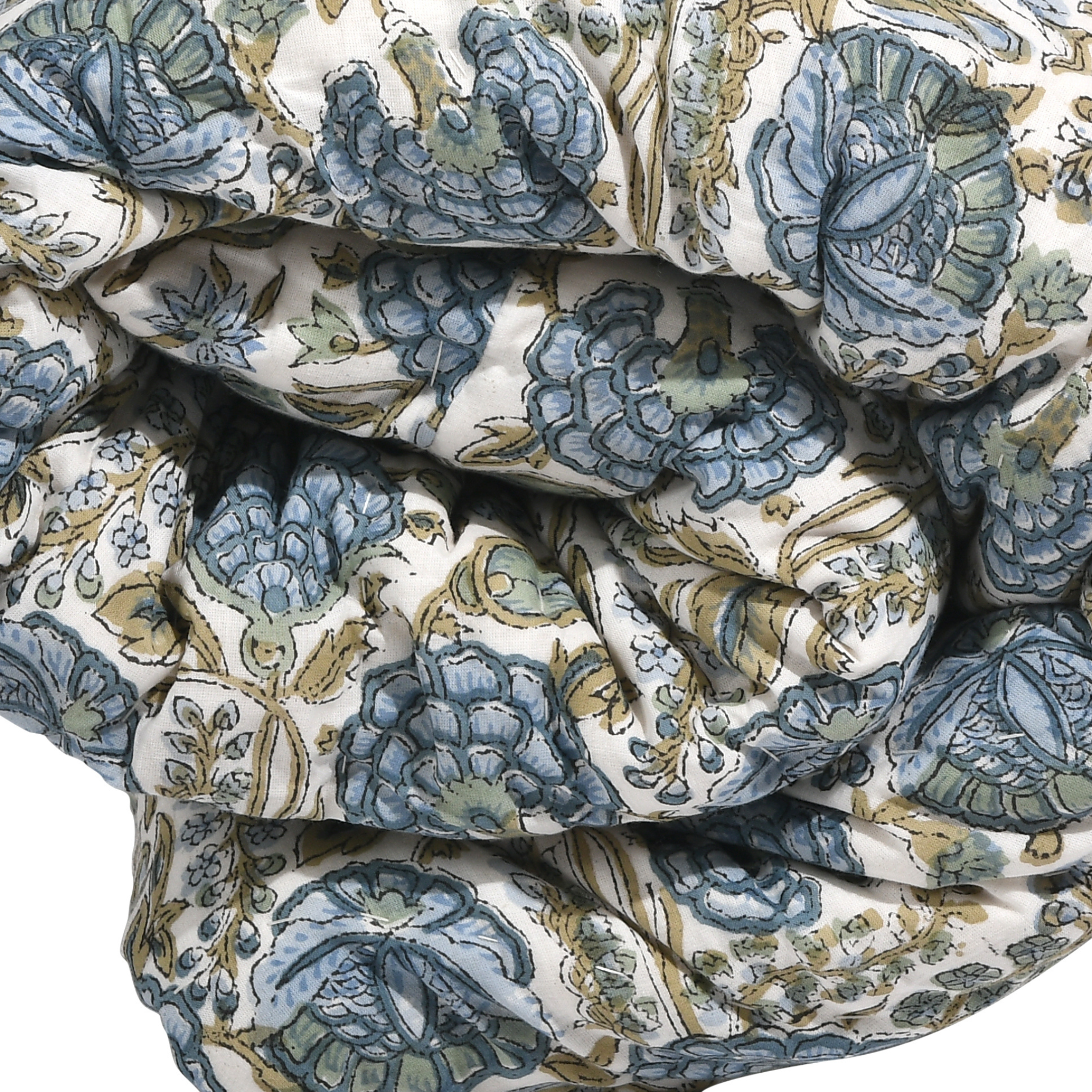 Close-up of floral fabric with blue and green patterns on a white background