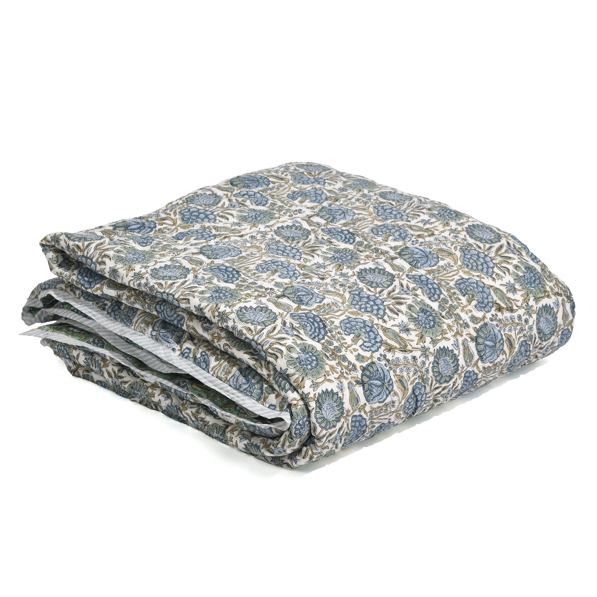 Folded floral-patterned quilt on a white background