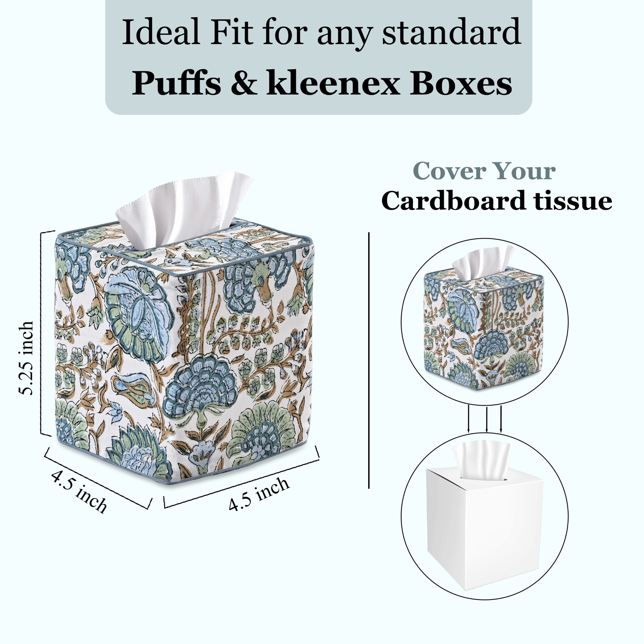 Floral-patterned tissue box cover with dimensions and text about its use.