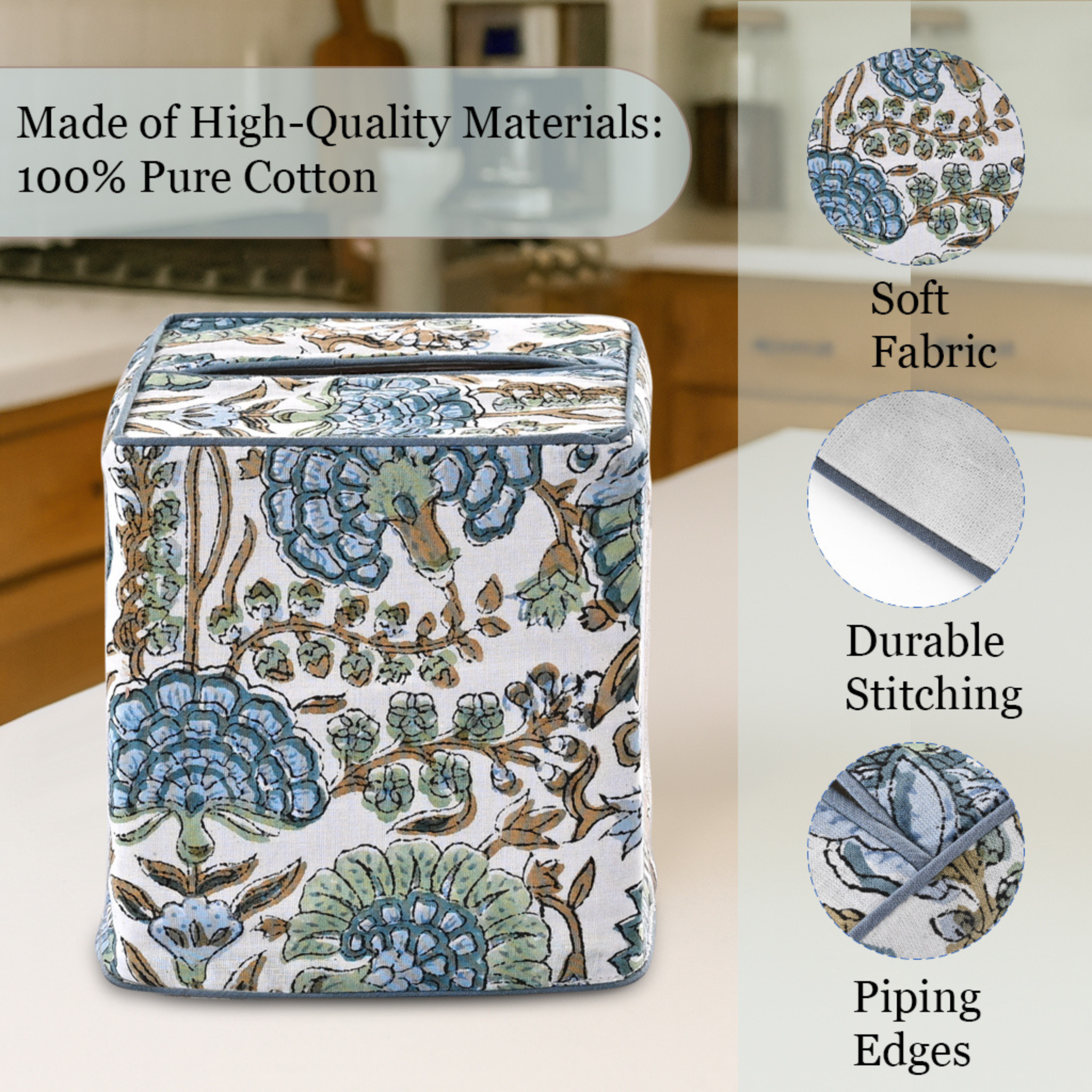 Decorative box with floral pattern on a kitchen counter, featuring text about high-quality materials.