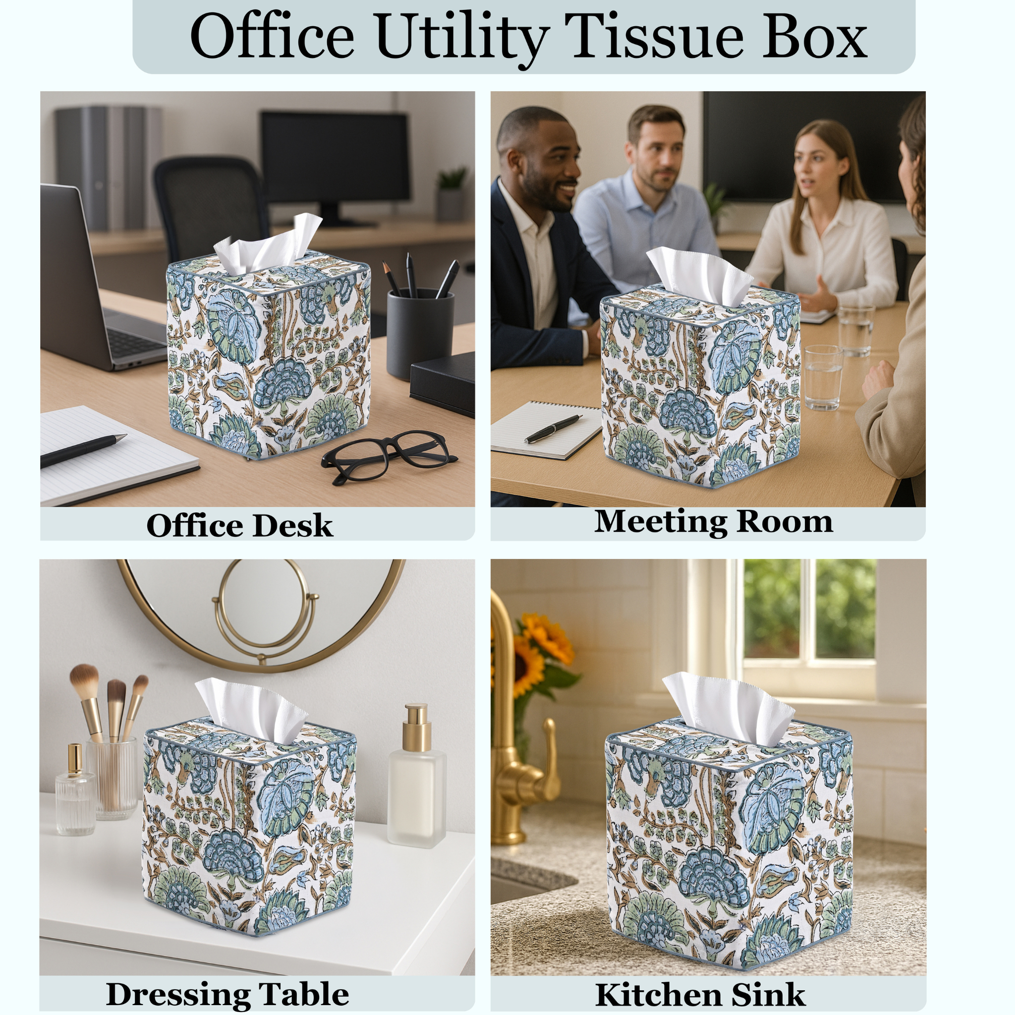 Floral-patterned office utility tissue box in various settings