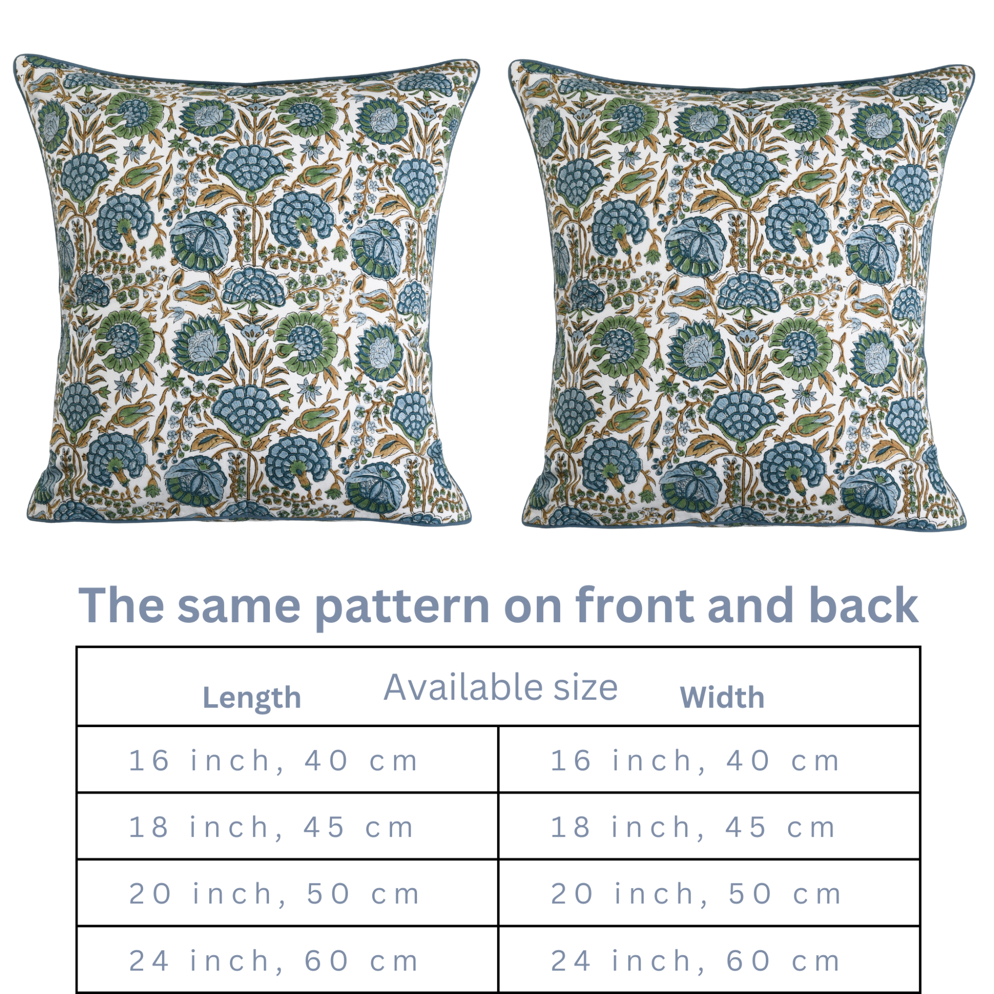 Two patterned pillows with a size chart below them.