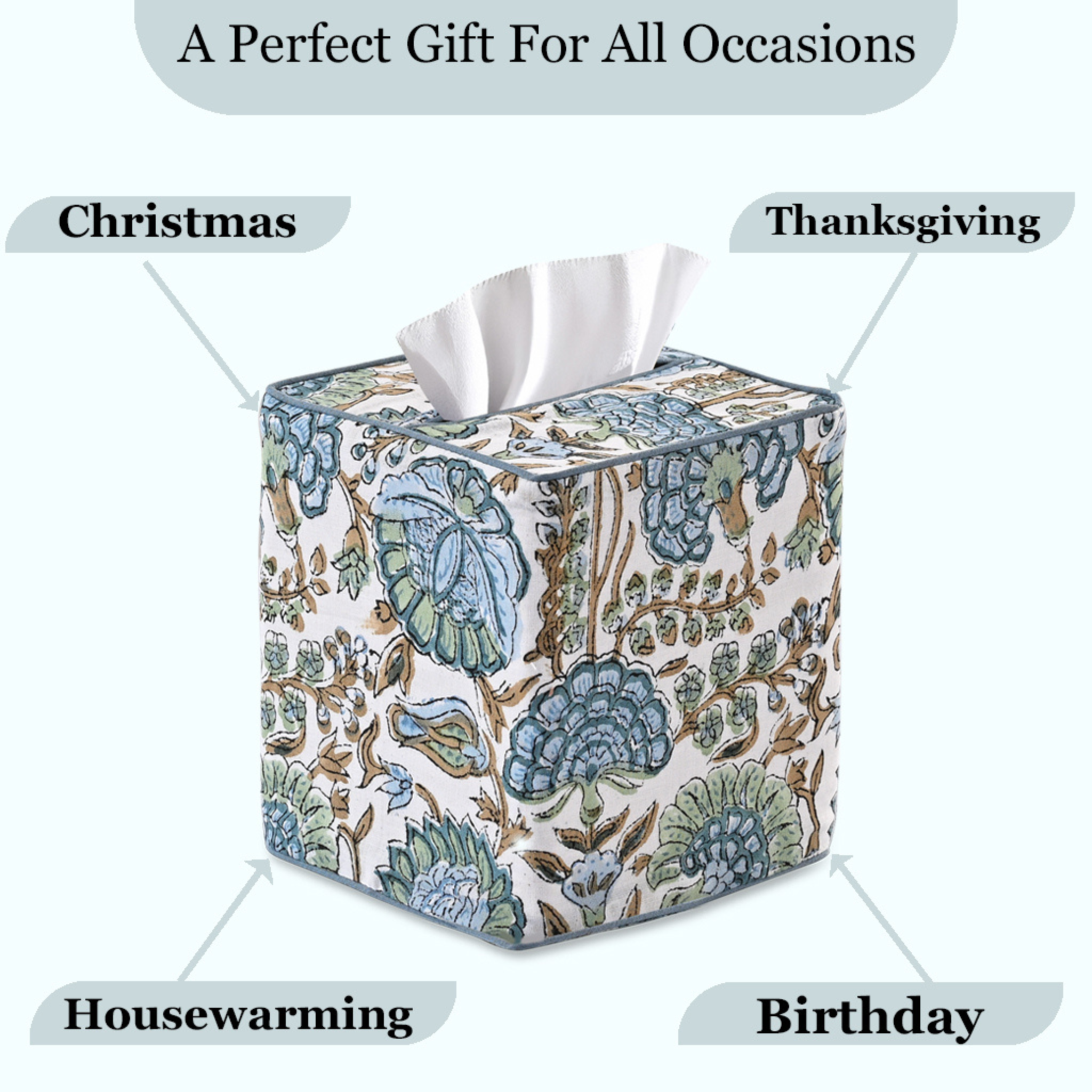 Floral-patterned tissue box cover with tissues on a white background, labeled for various occasions.