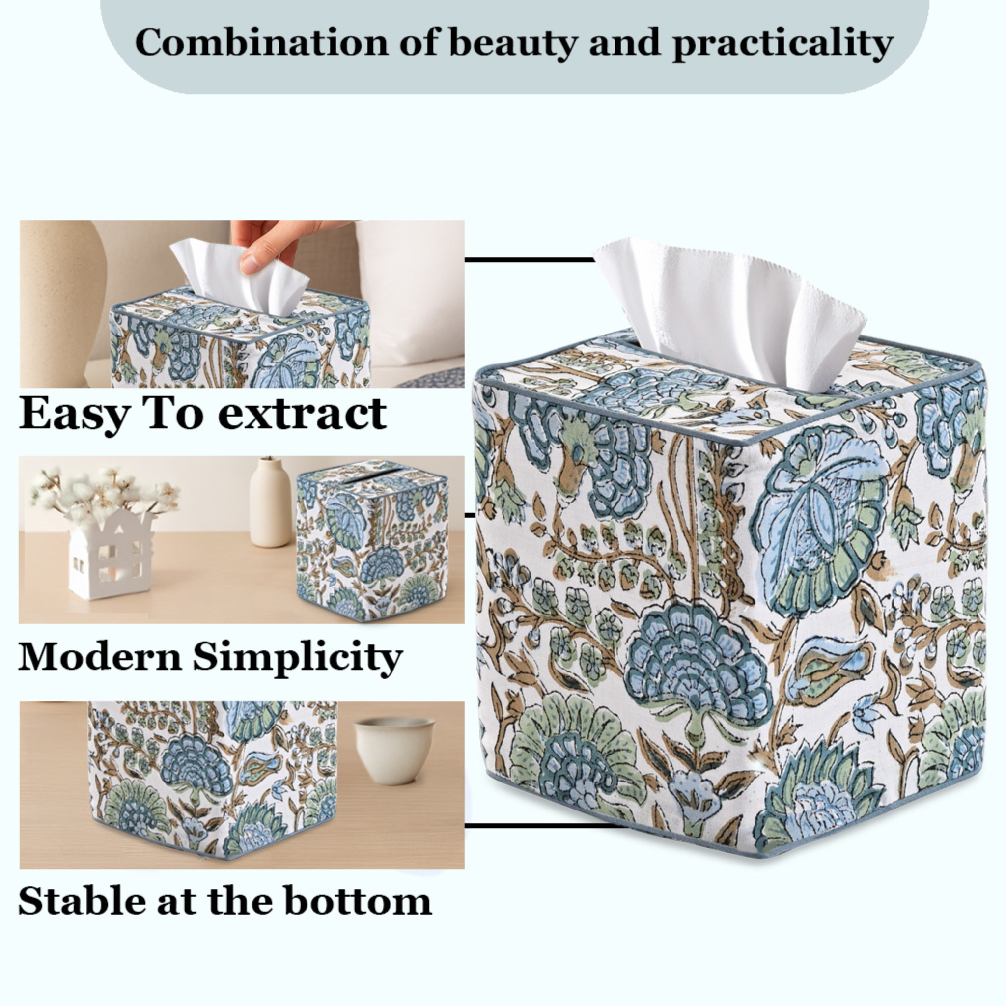 Floral patterned tissue box with text highlighting features on a white background