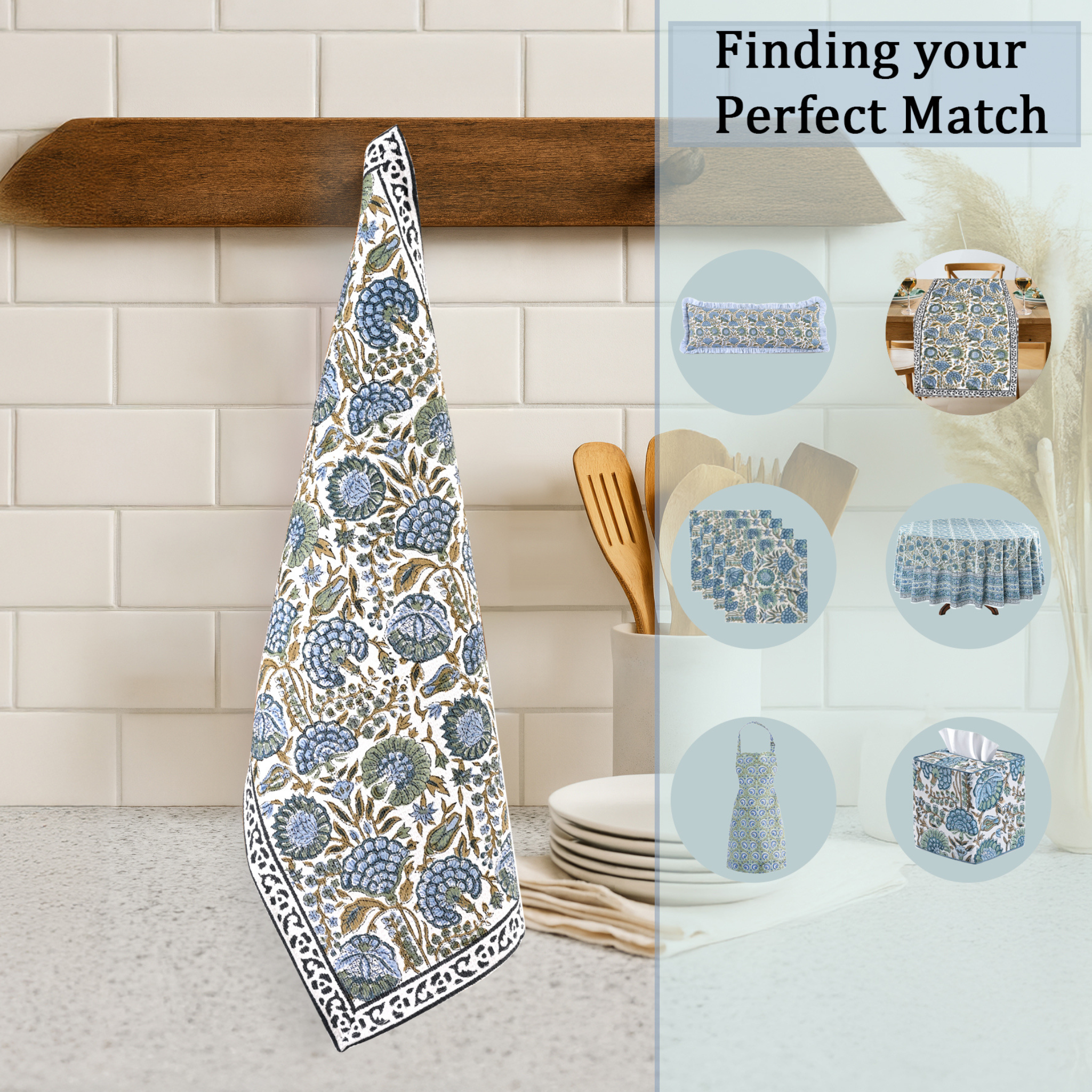 Floral patterned towel hanging on a wooden rack with kitchen utensils in the background.
