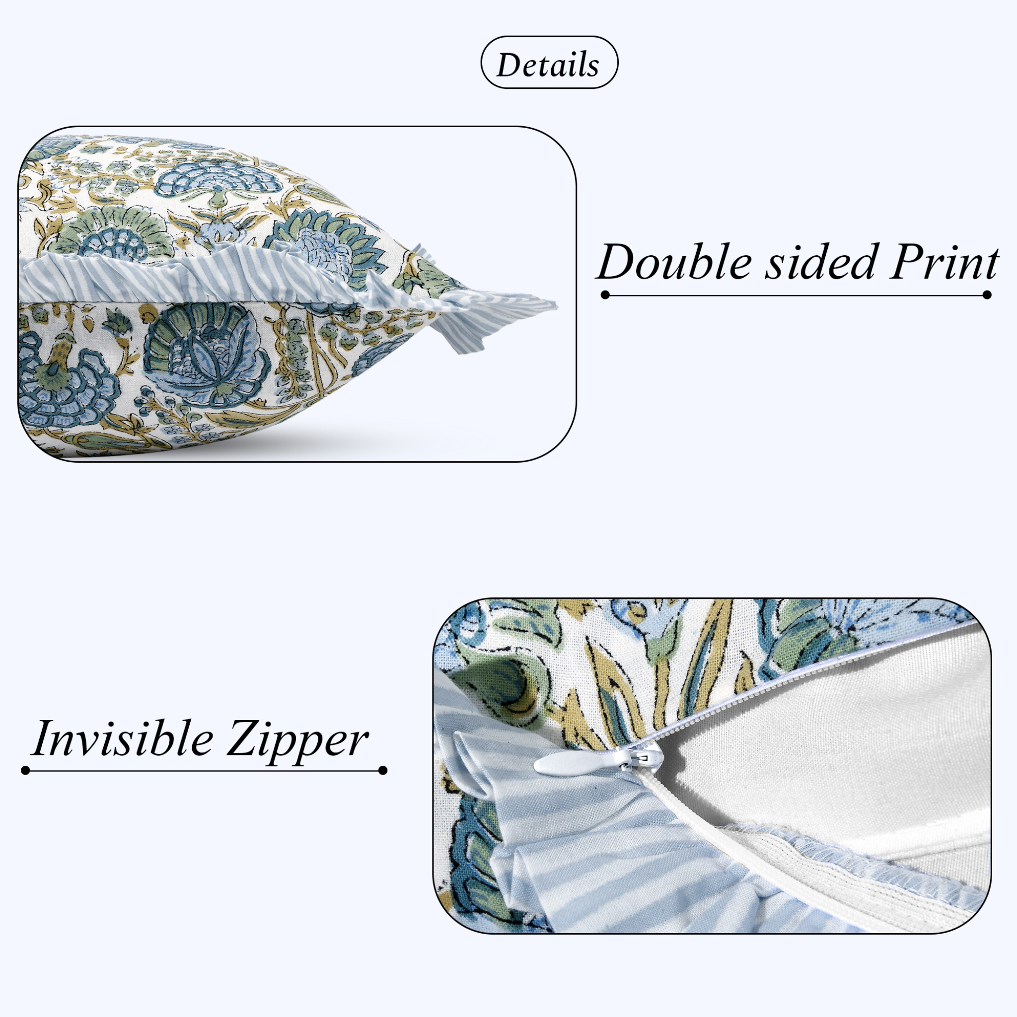 Product with floral design, double-sided print, and invisible zipper on a white background.