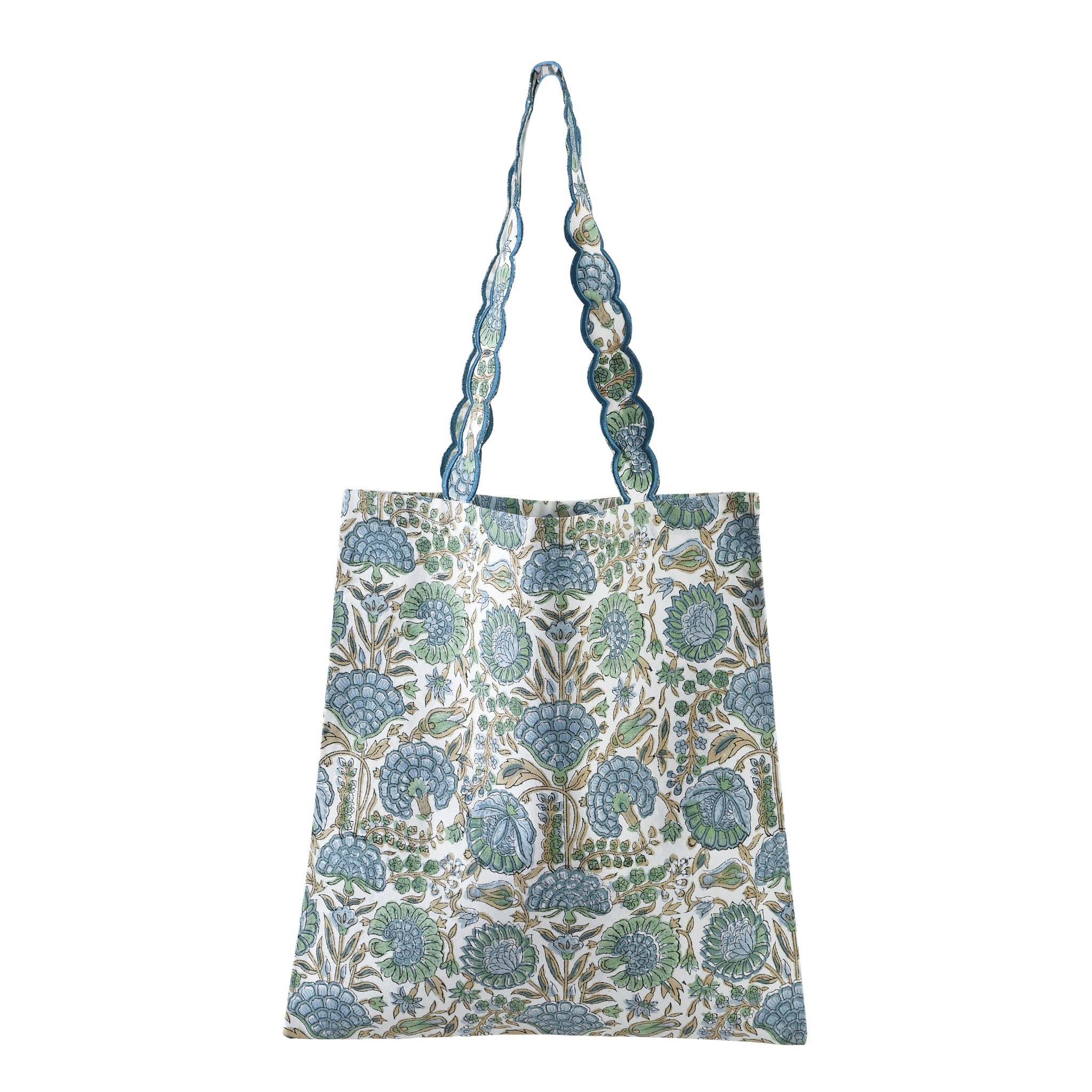 Floral patterned tote bag with a strap on a white background