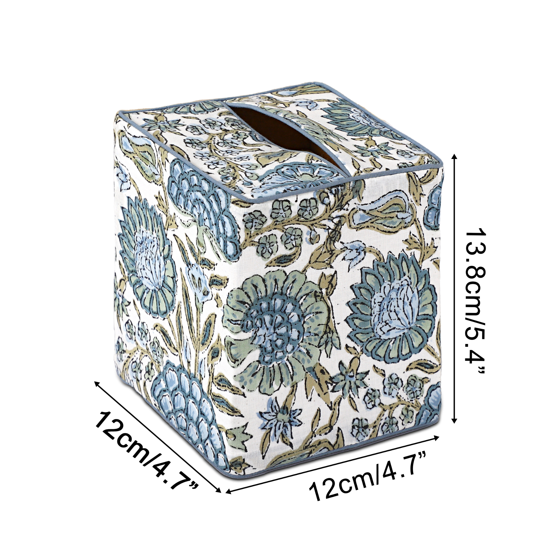 Floral patterned tissue box with dimensions indicated