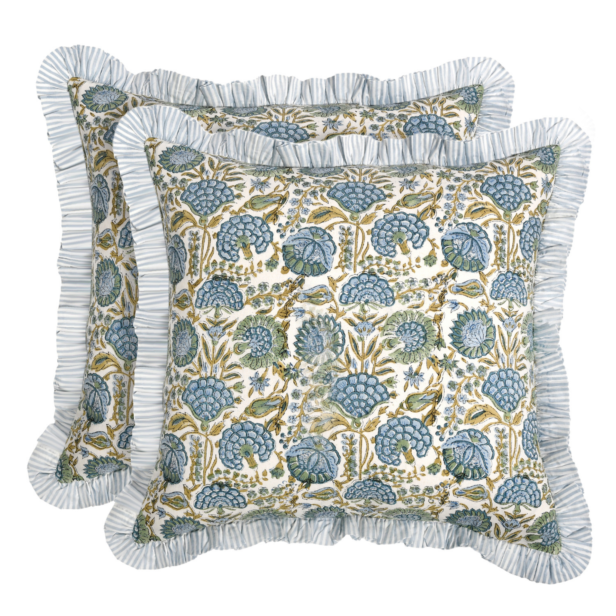 Decorative pillow with floral pattern and ruffled edges on a white background
