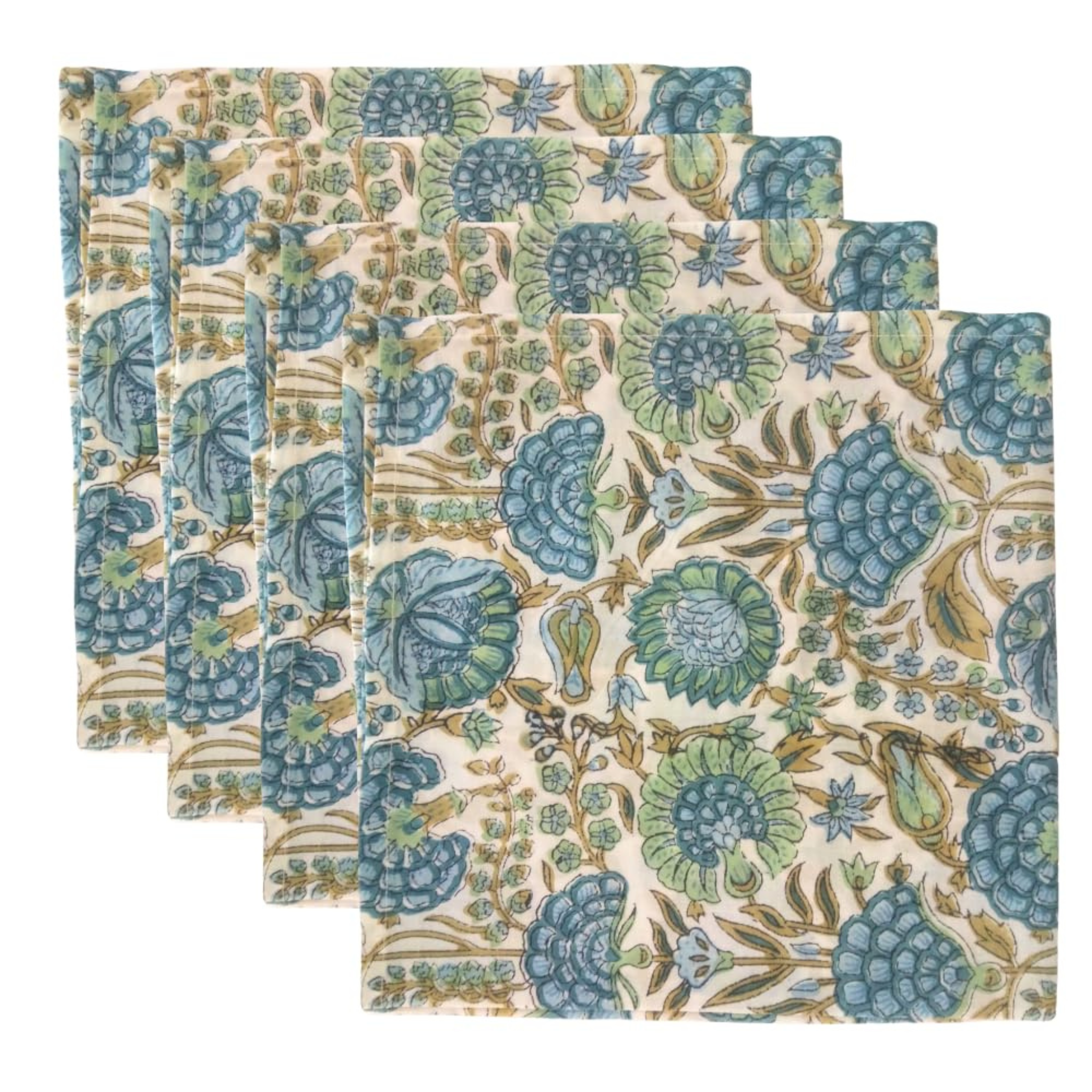 Set of four floral patterned placemats on a white background