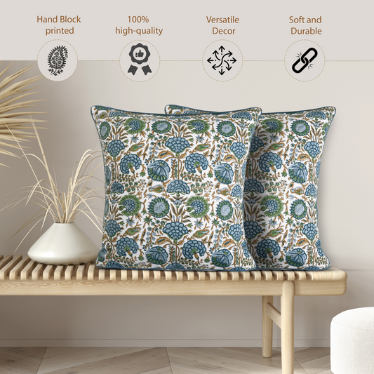 Decorative pillows with floral pattern on a wooden bench, featuring quality and design attributes.