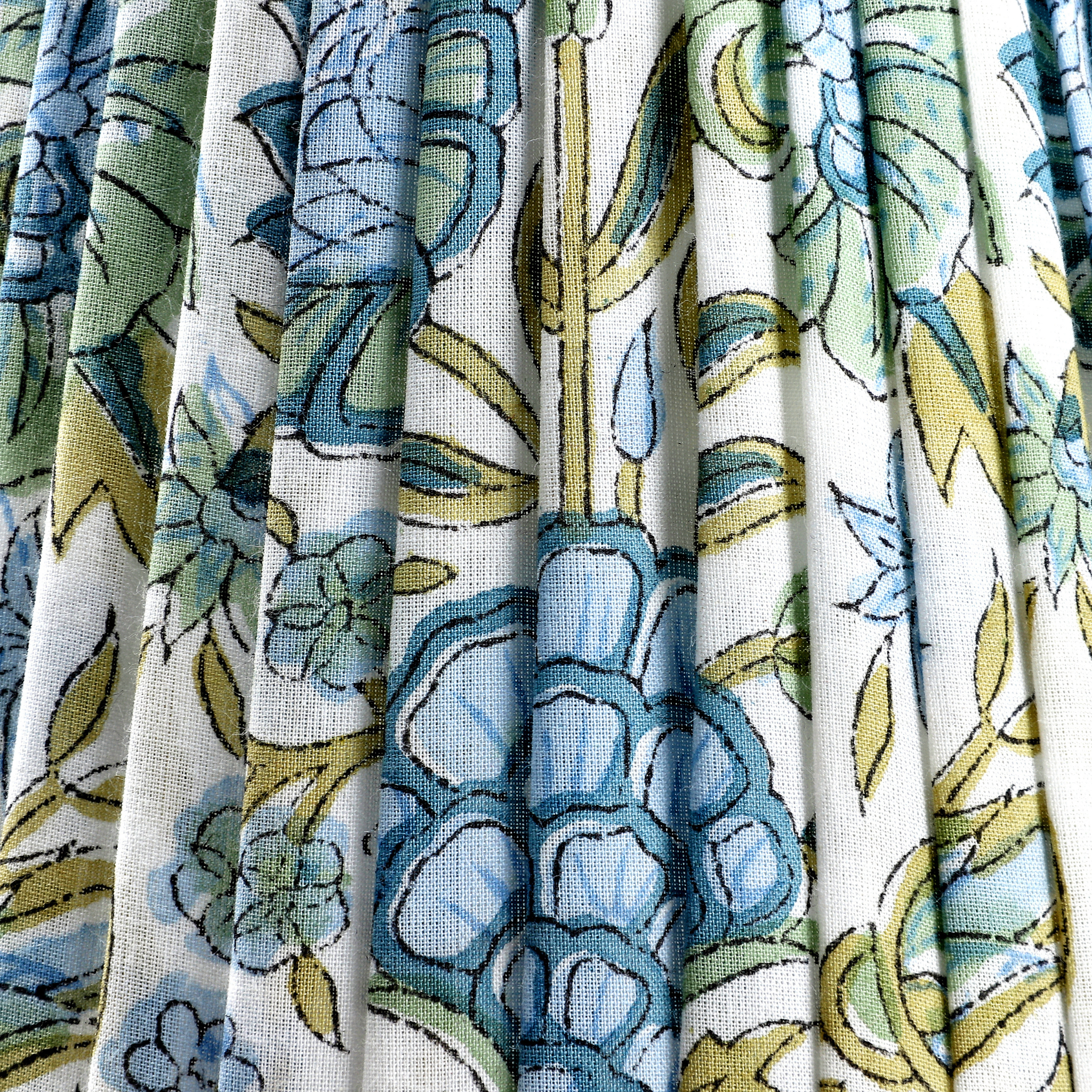 Close-up of floral fabric with blue and green patterns on a white background