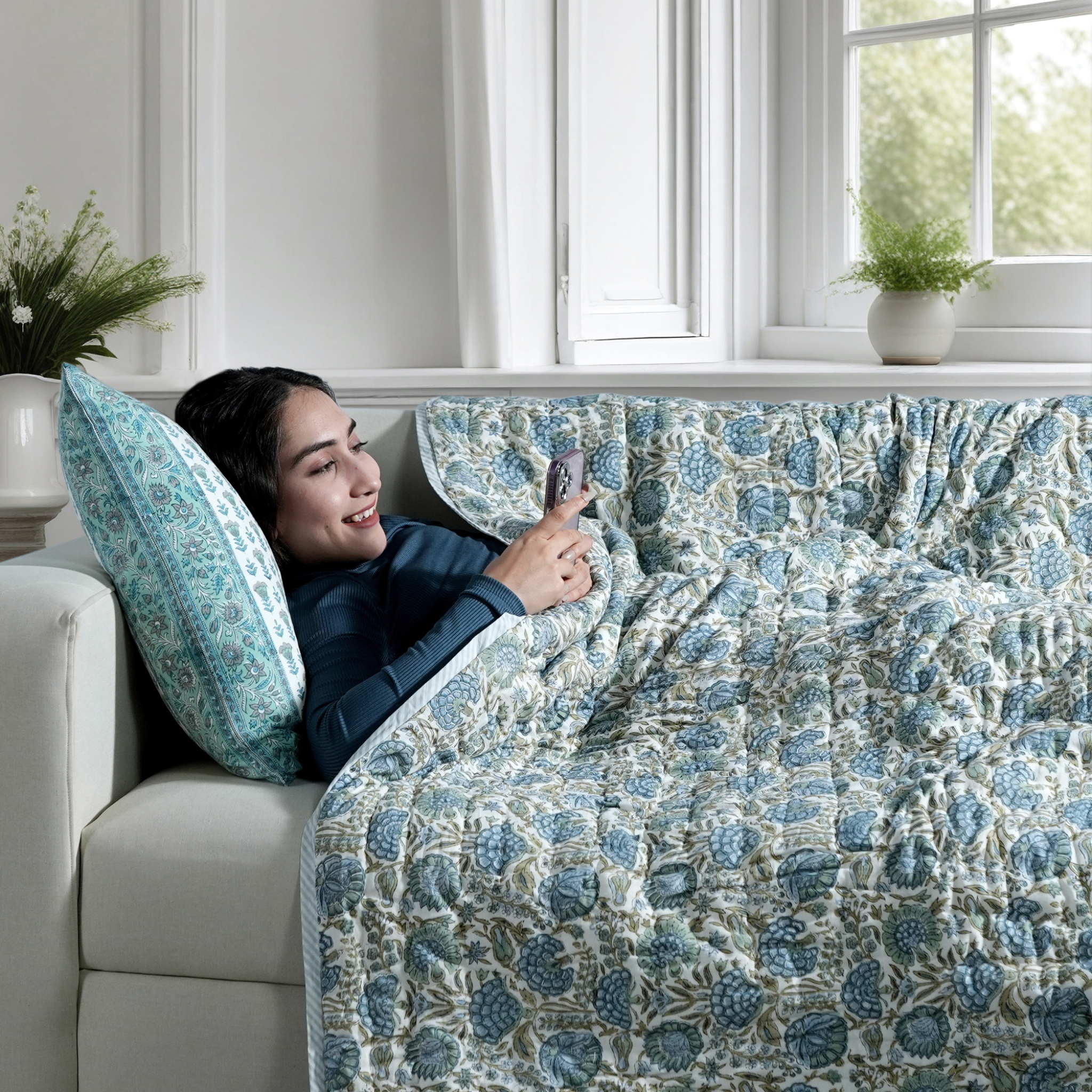 Woman lying on a couch under a floral-patterned blanket in a bright room with large windows.