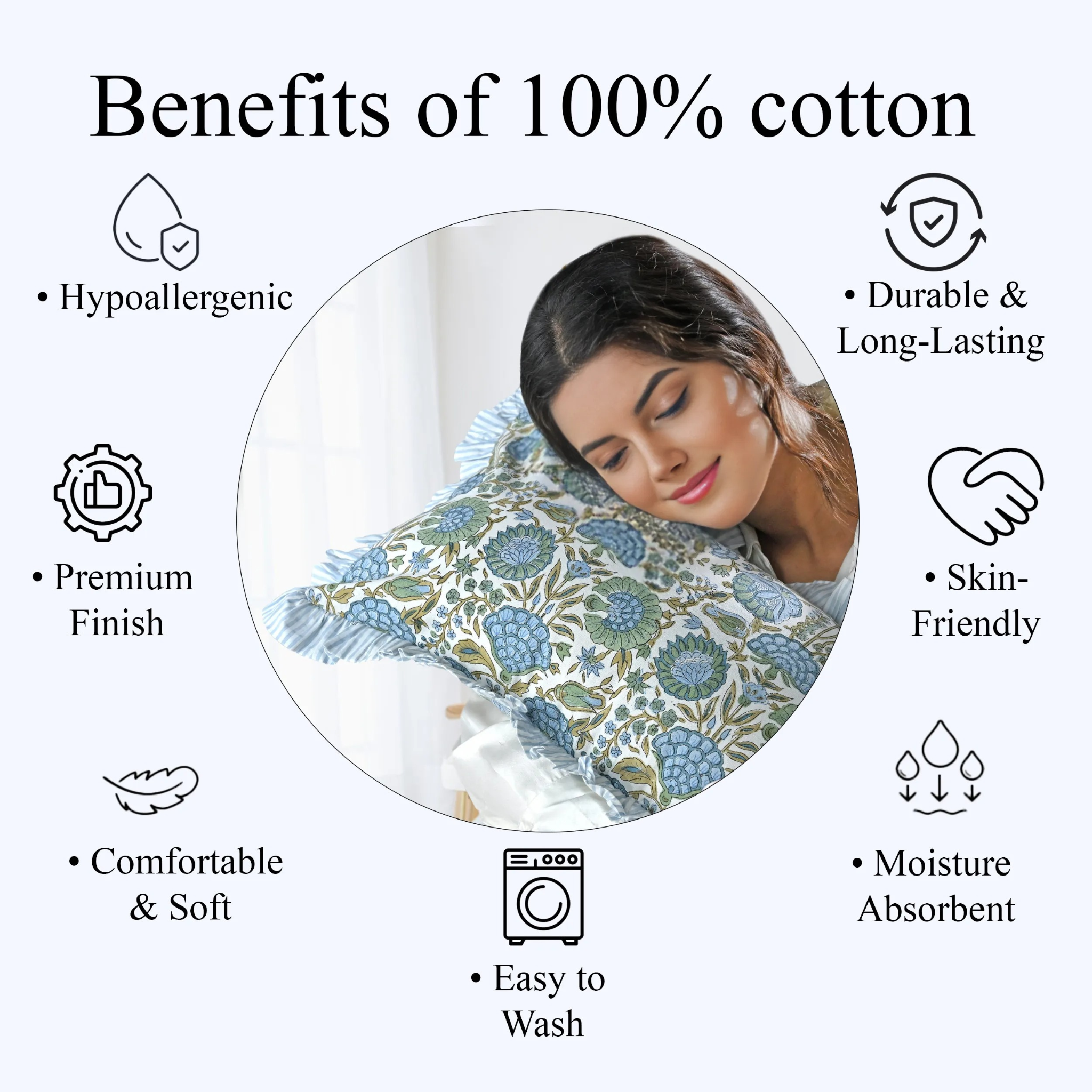 Woman lying down with a floral pillow, surrounded by text and icons about the benefits of 100% cotton.
