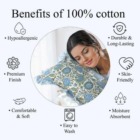 Woman lying down with a floral pillow, surrounded by text and icons about the benefits of 100% cotton.