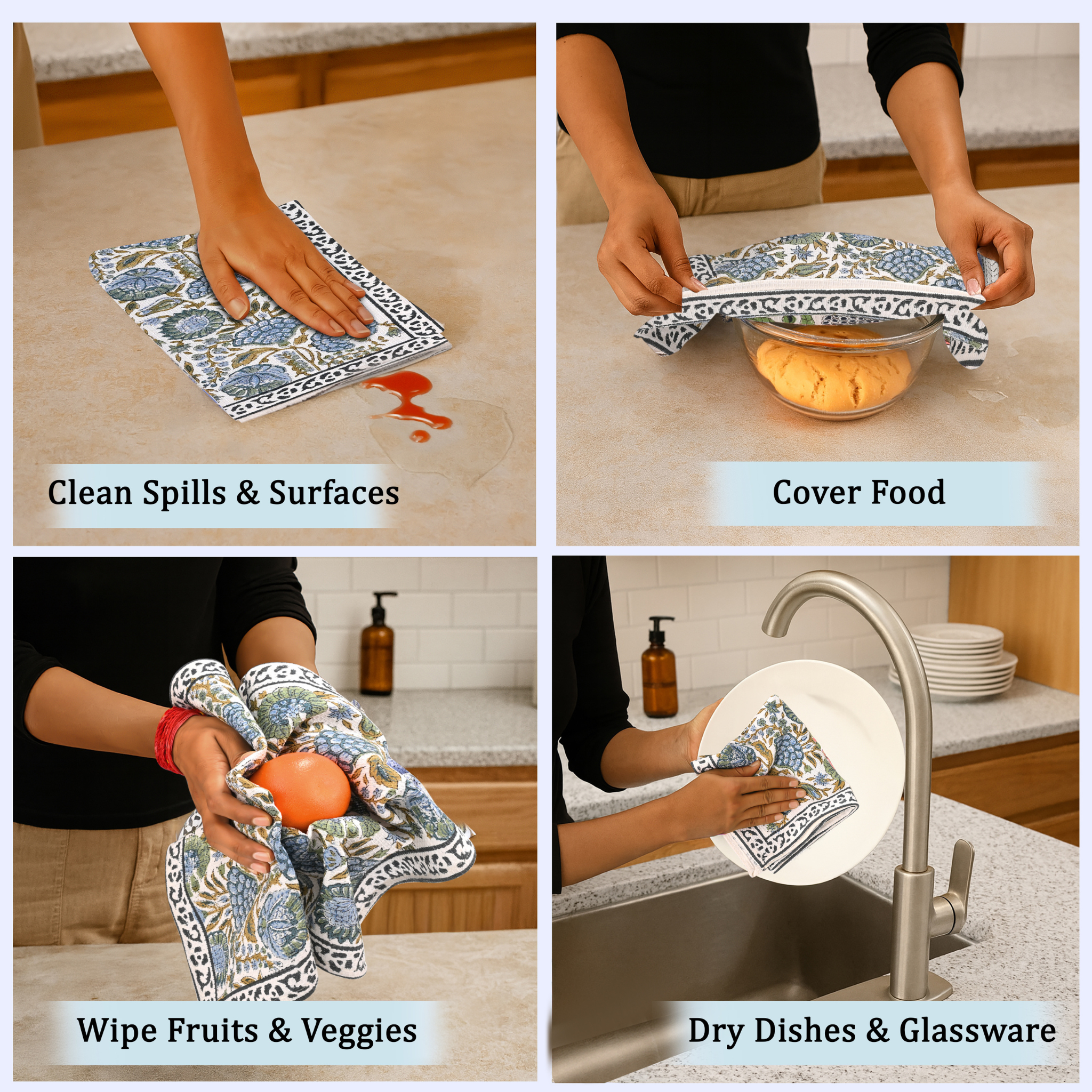 Multifunctional cloth used for cleaning, covering food, wiping fruits and vegetables, and drying dishes.