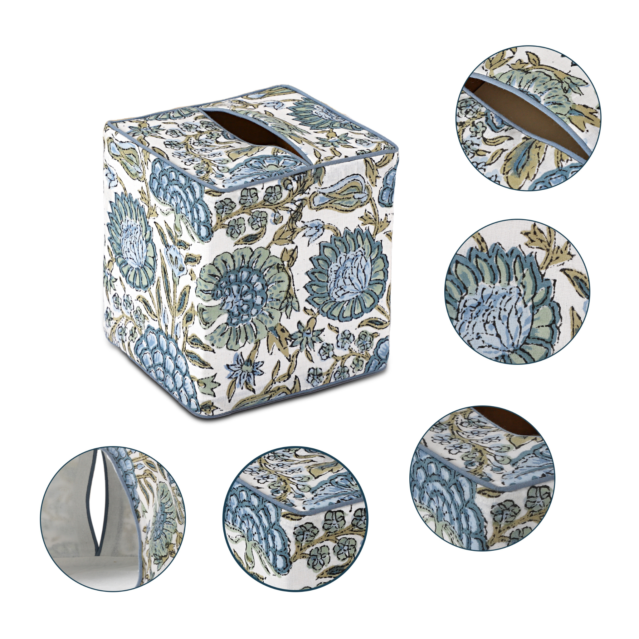 Floral patterned tissue box cover with close-up details on a white background